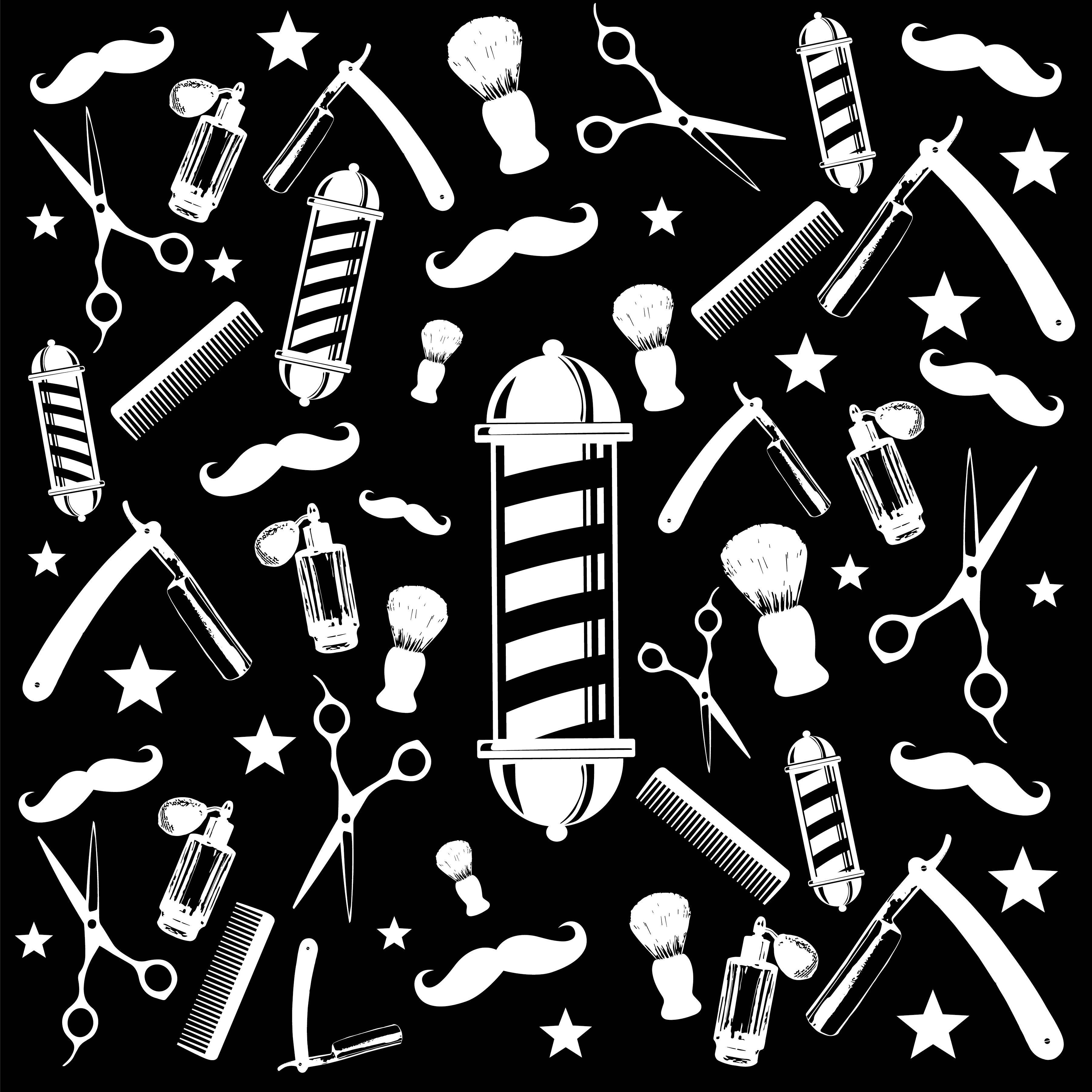 Barber 桌布 壁紙 — 一個大膽的黑白圖案，包含復古理髮工具如剪刀、梳子和鬍鬚，並散落著星星。