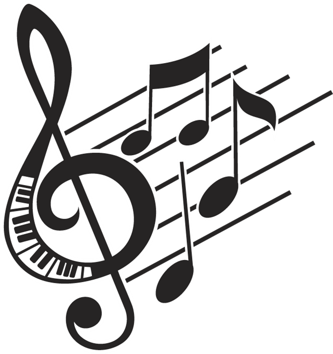 Treble Clef 桌布 壁紙 — 一個大膽的黑白圖案，將高音譜號與鋼琴琴鍵和漂浮的音樂符號融合在純黑背景上。