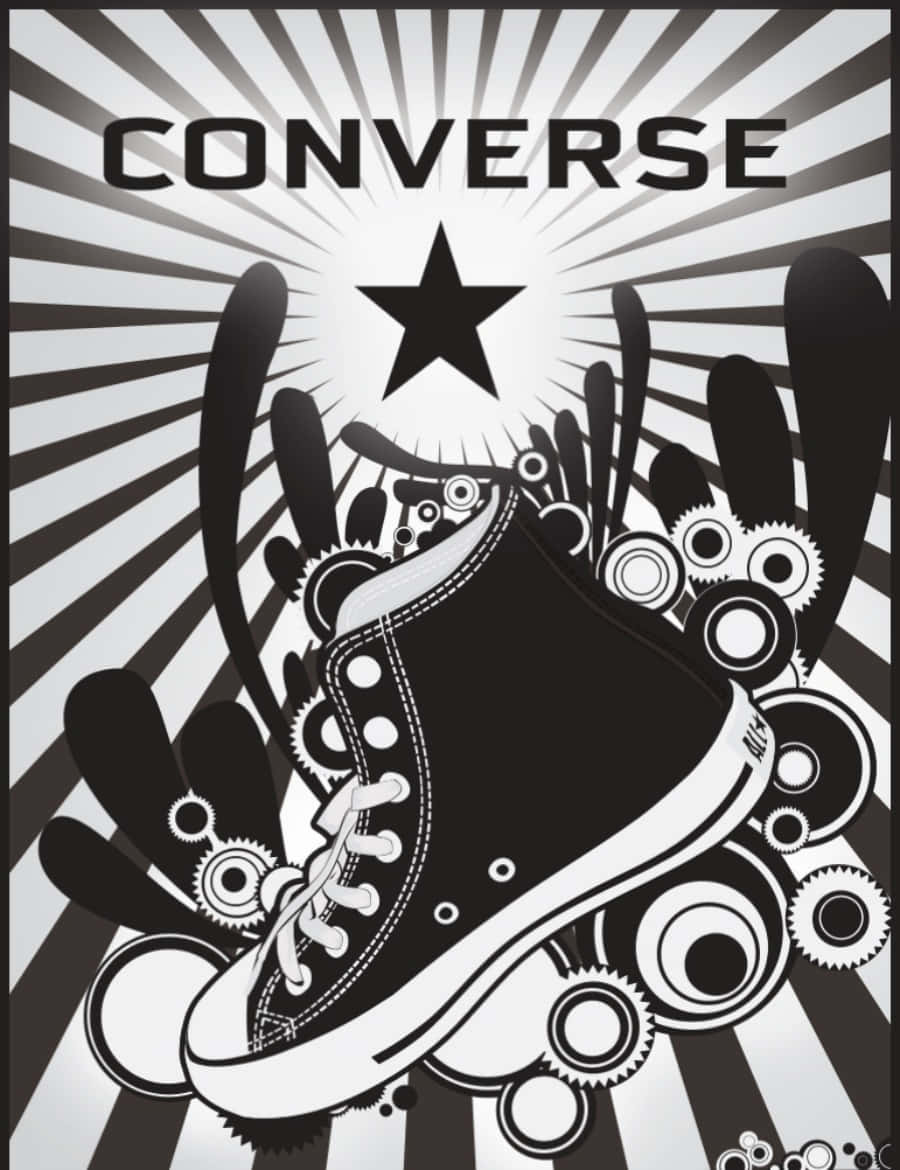 Converse Logo 桌布 壁紙 — 一個大膽的黑白圖案，描繪一對Converse運動鞋被齒輪和機械元素環繞，背景是太陽爆發圖案。