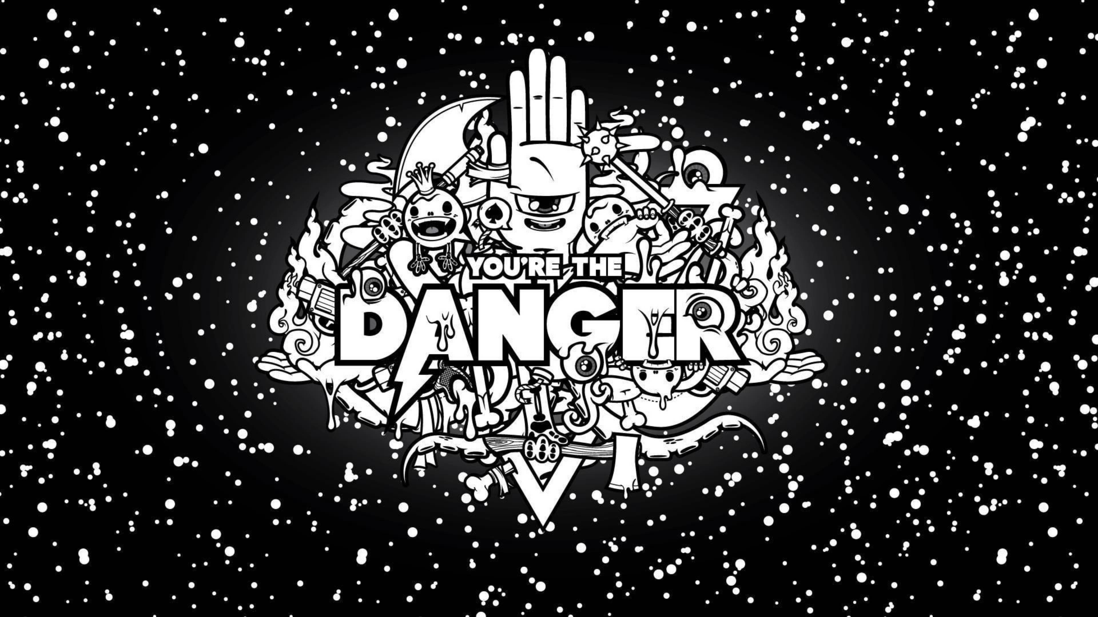 塗鴉動圖 桌布 壁紙 — 一個大膽的黑白塗鴉風格標誌，上面寫著「YOU'RE THE DANGER」，周圍環繞著混亂的卡通角色，背景是星空。
