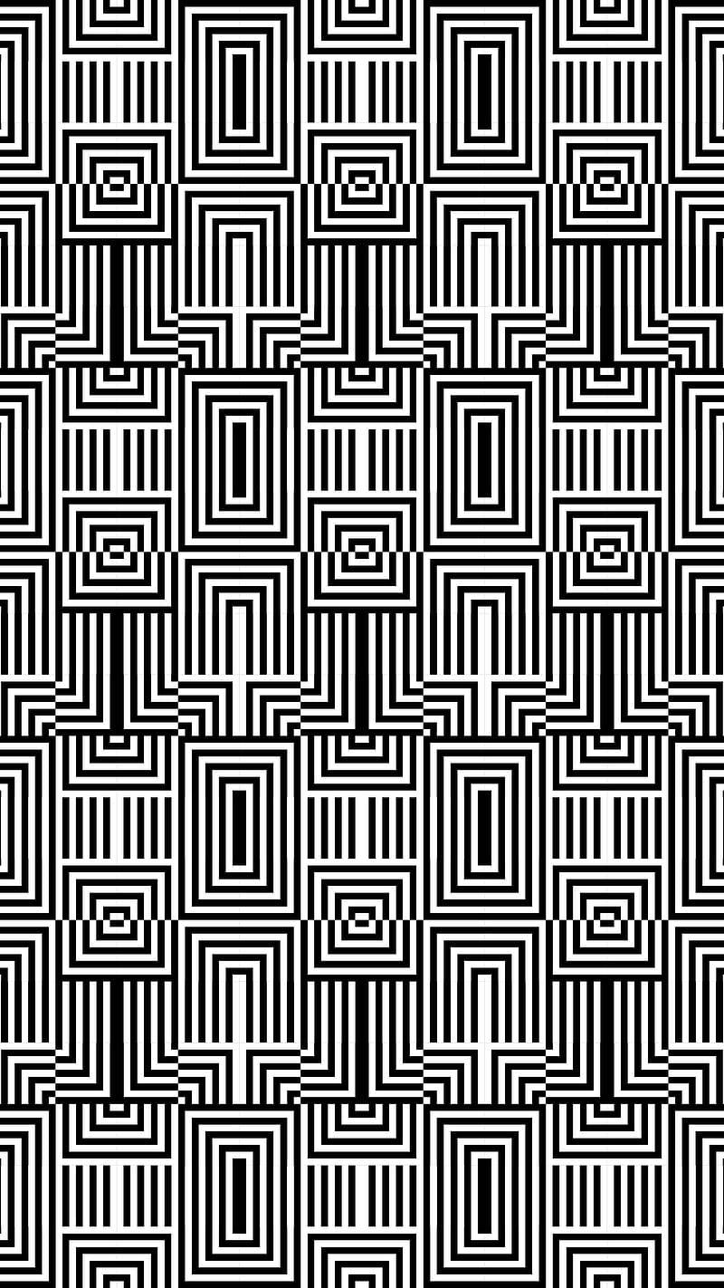 Black And White Squares 桌布 壁紙 — 一個大膽的黑白幾何圖案，由重複的正方形和線條組成，營造出催眠般的錯覺。