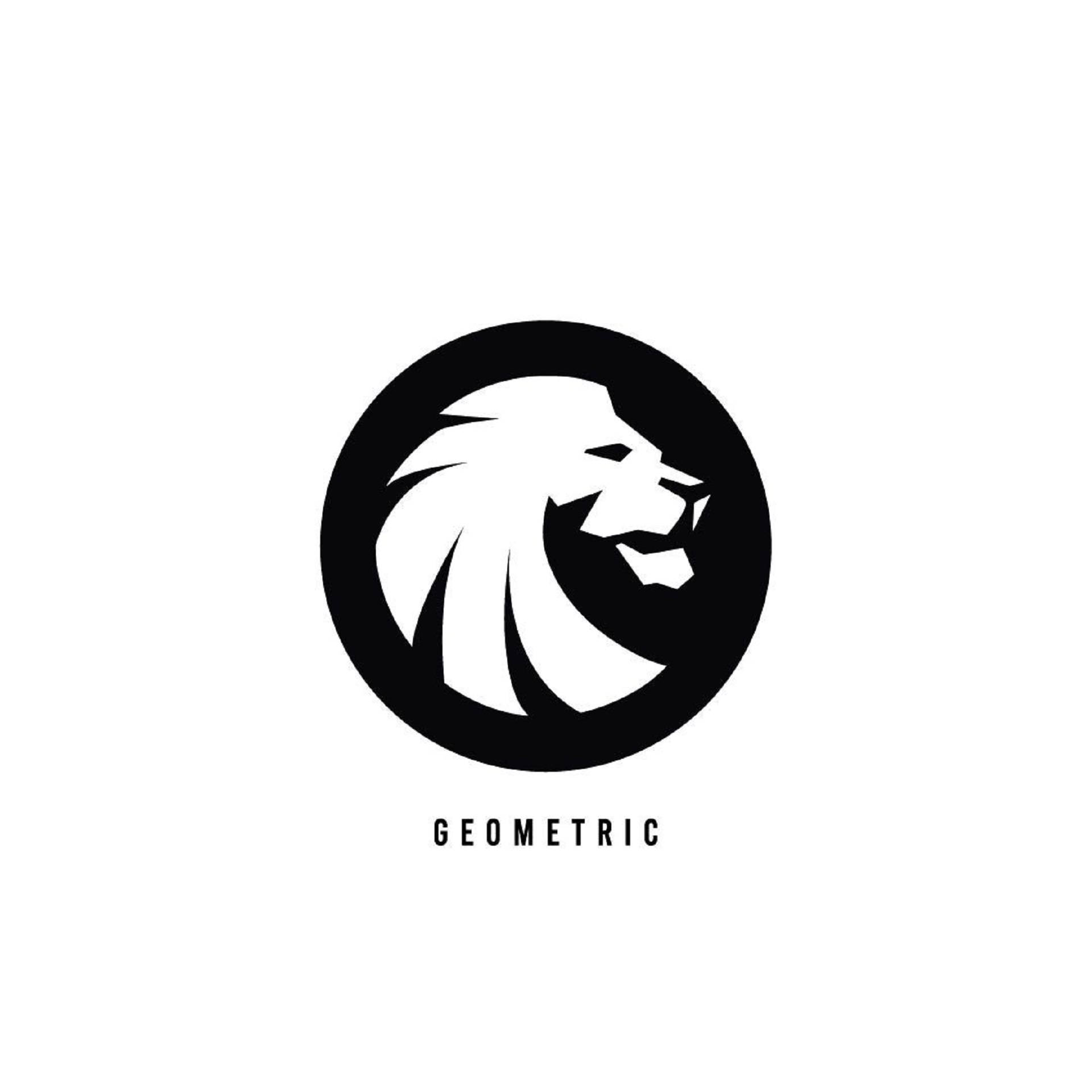 Lion Head 桌布 壁紙 — 一個大膽的黑白幾何獅子頭標誌在圓圈內，下方有geometric字樣。