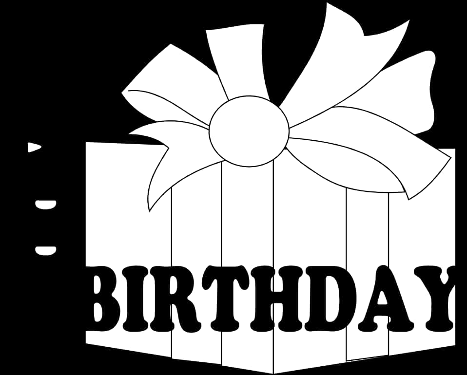 Happy Birthday Text 桌布 壁紙 — 一個大膽的黑白插圖，描繪了一個生日禮物盒，頂部有一個大蝴蝶結，並以粗體字寫著「BIRTHDAY」。