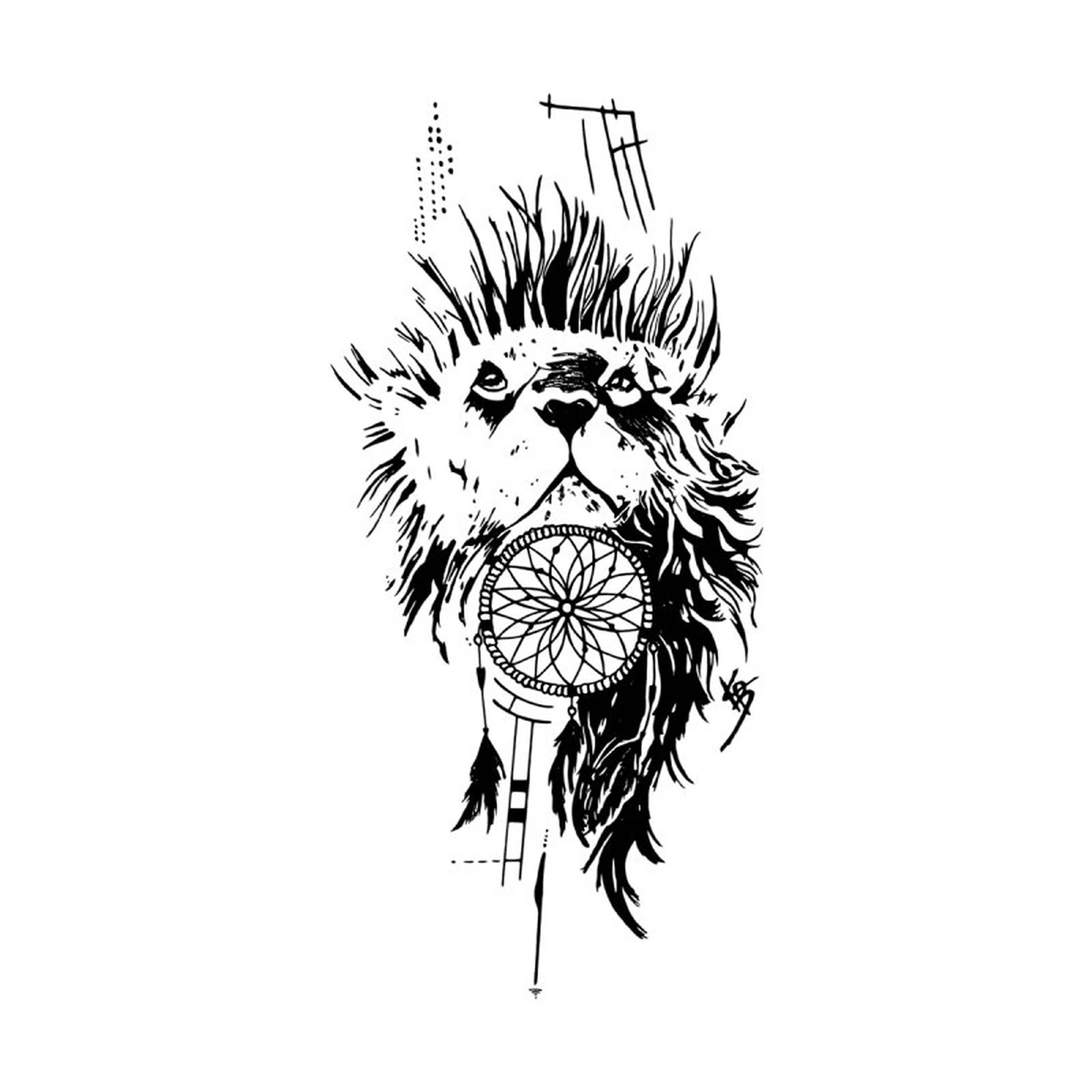 捕夢網 桌布 壁紙 — 一個大膽的黑白插圖，獅子頭部，口中懸掛著捕夢網。
