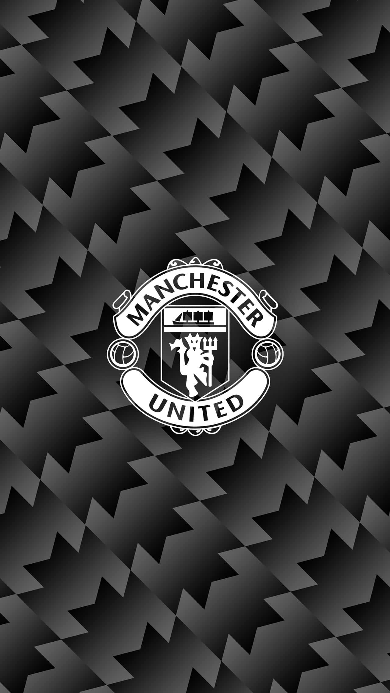 Manchester United iPhone 桌布 壁紙 — 一個大膽的黑白曼聯會徽，居中在幾何星形圖案背景上。