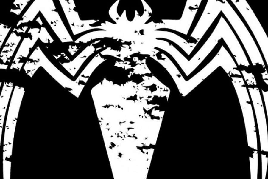 Venom Logo 桌布 壁紙 — 一個大膽的黑白破舊蜘蛛標誌從中心點向單調背景輻射。
