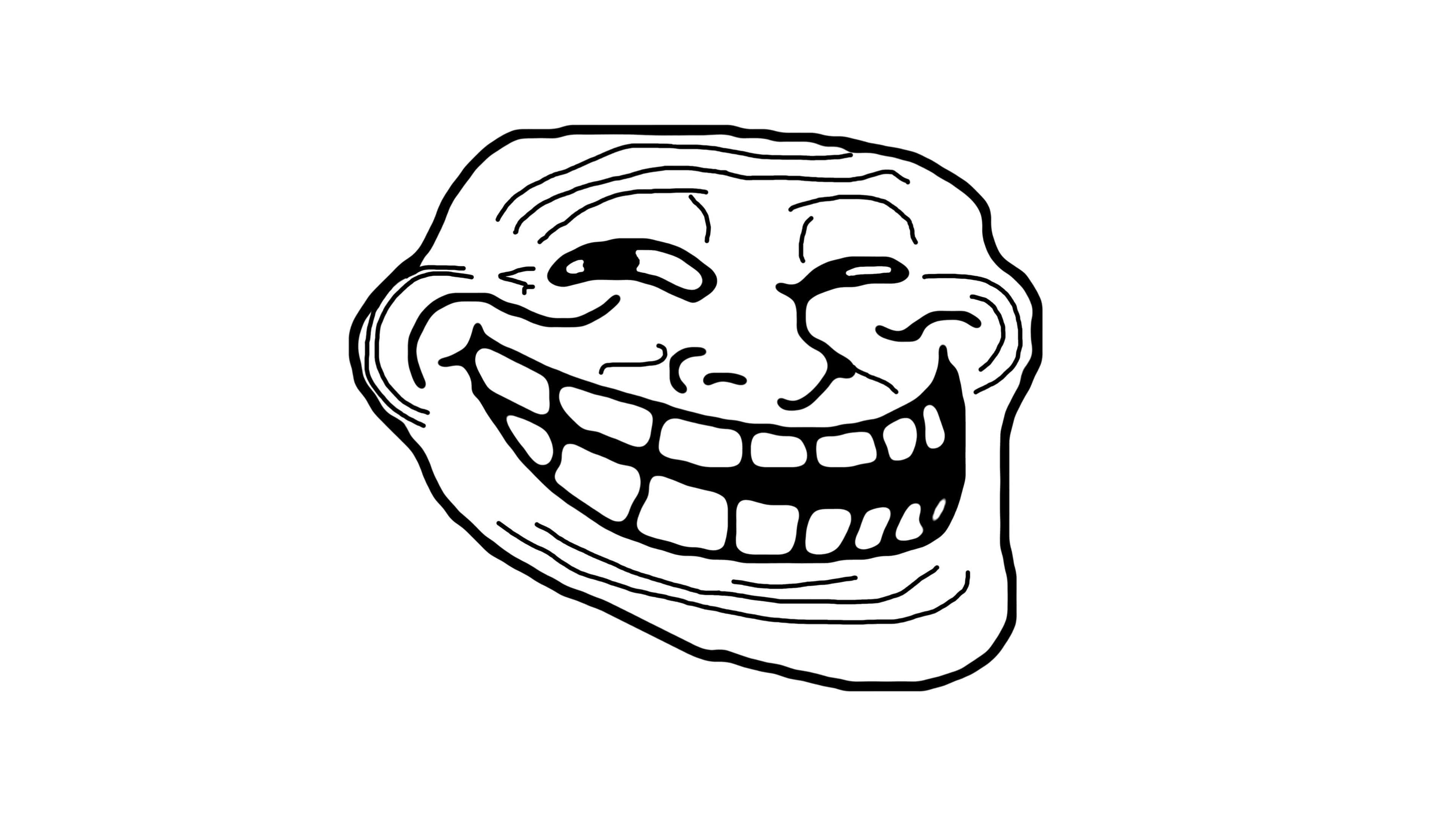 meme 桌布 壁紙 — 一個大膽的黑白線條繪畫，描繪了標誌性的 troll 臉，有著寬闊的笑容和瞇起的眼睛。