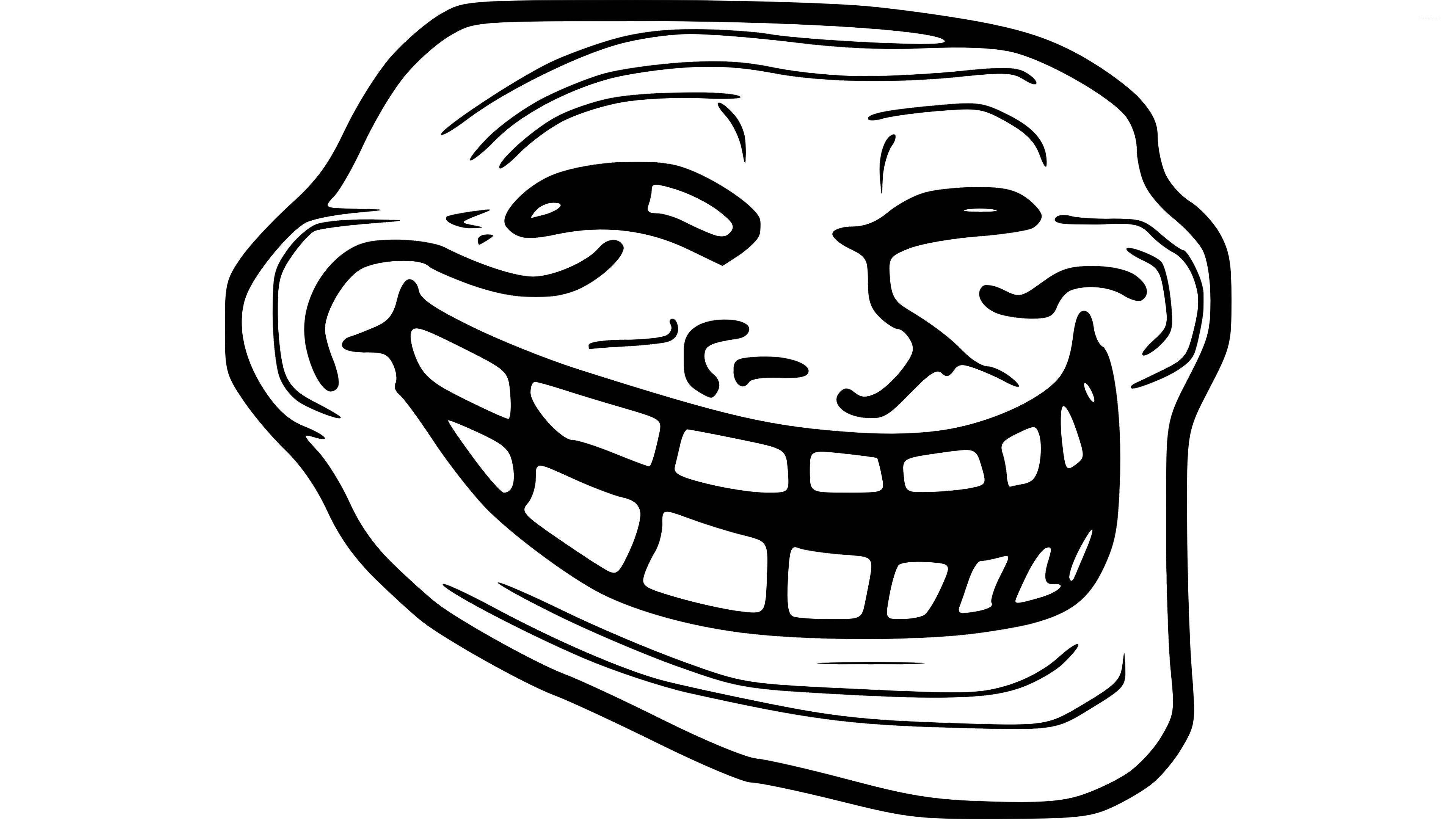 Troll Face 桌布 壁紙 — 一個大膽的黑白線條繪畫，描繪標誌性的 troll 臉，帶有寬闊的露齒笑容和瞇起的眼睛。