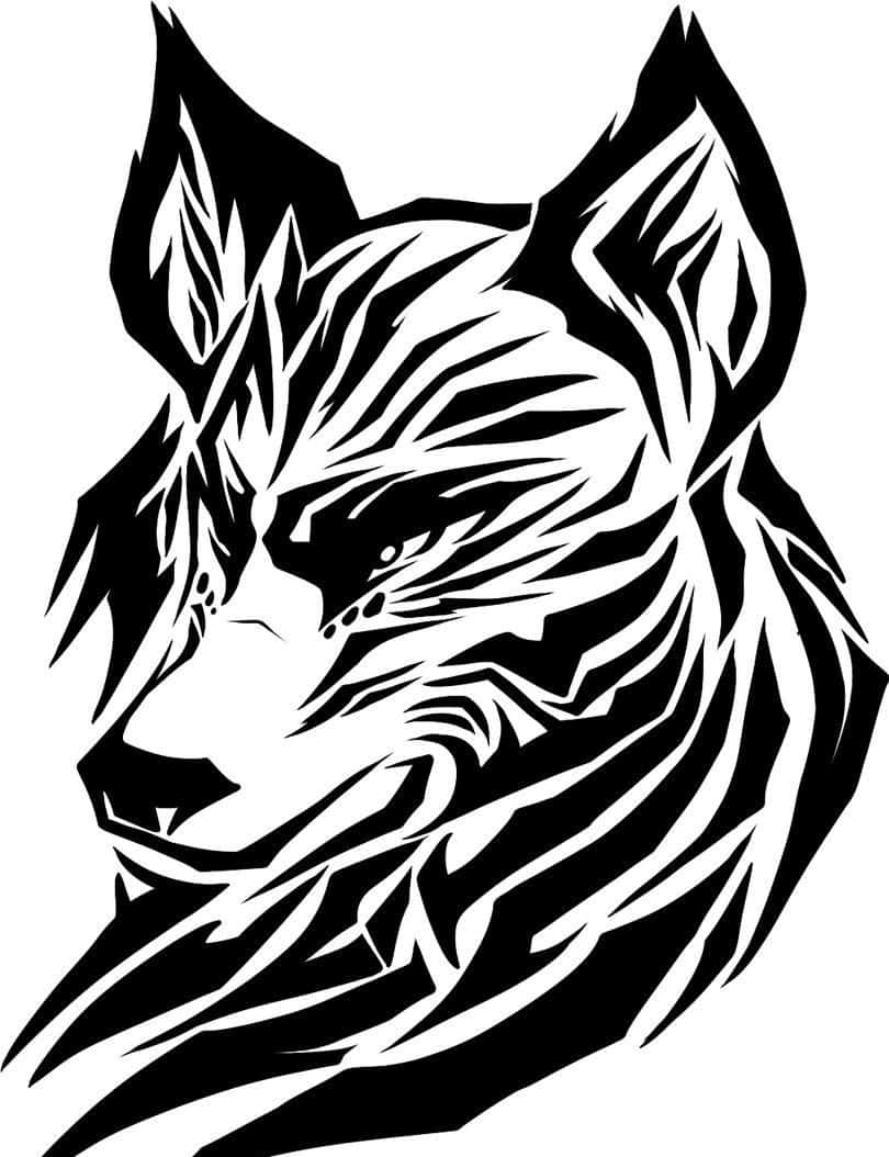 Wolf Tattoo 桌布 壁紙 — 一個大膽的黑白風格化狼頭，帶有銳利的角線和部落圖案。
