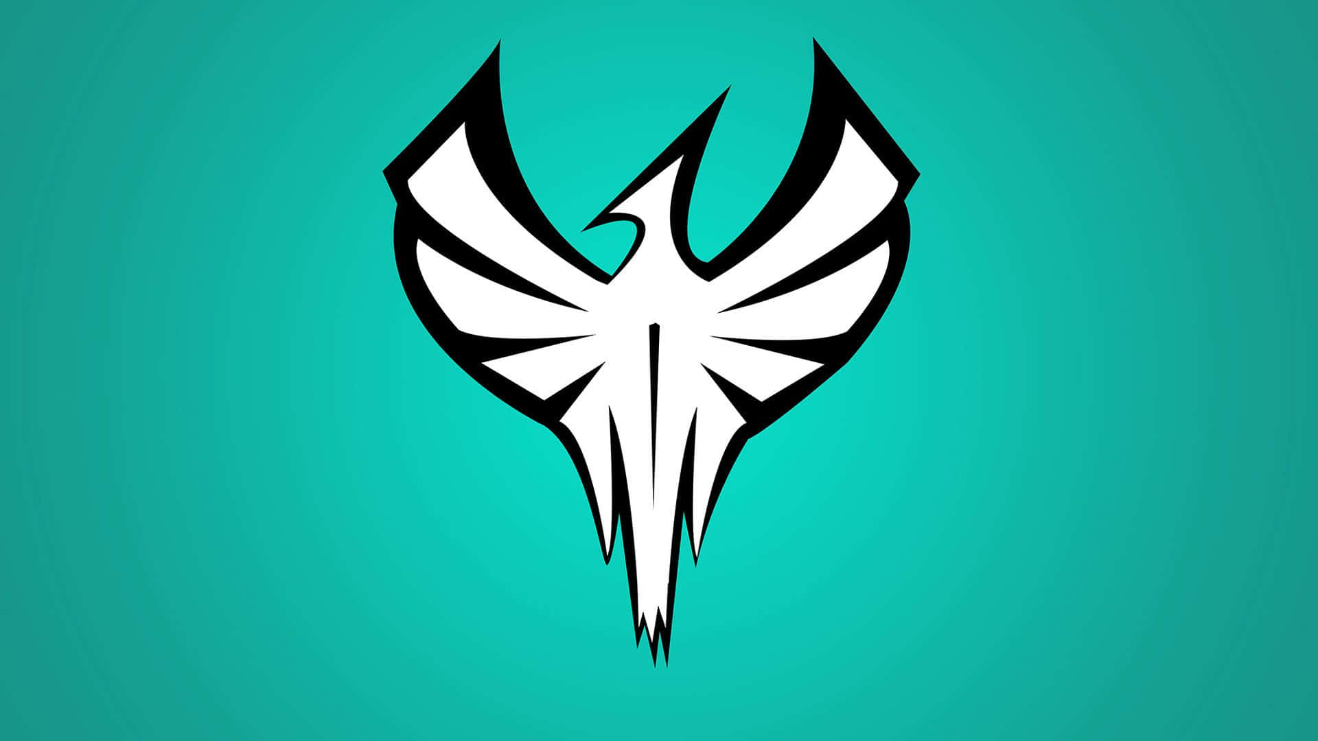 Zofia R6 桌布 壁紙 — 一個大膽的黑白風格化鳥標誌，帶有尖銳的幾何翅膀，居中在純青色背景上。