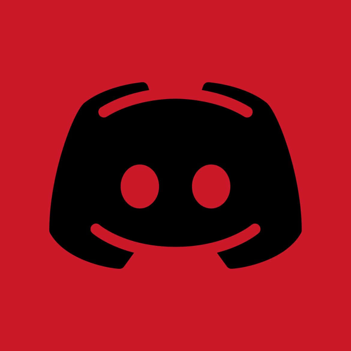 Discord 桌布 壁紙 — 一個大膽的黑色 Discord 標誌，帶有紅色眼睛和微笑，置於純紅色背景上。
