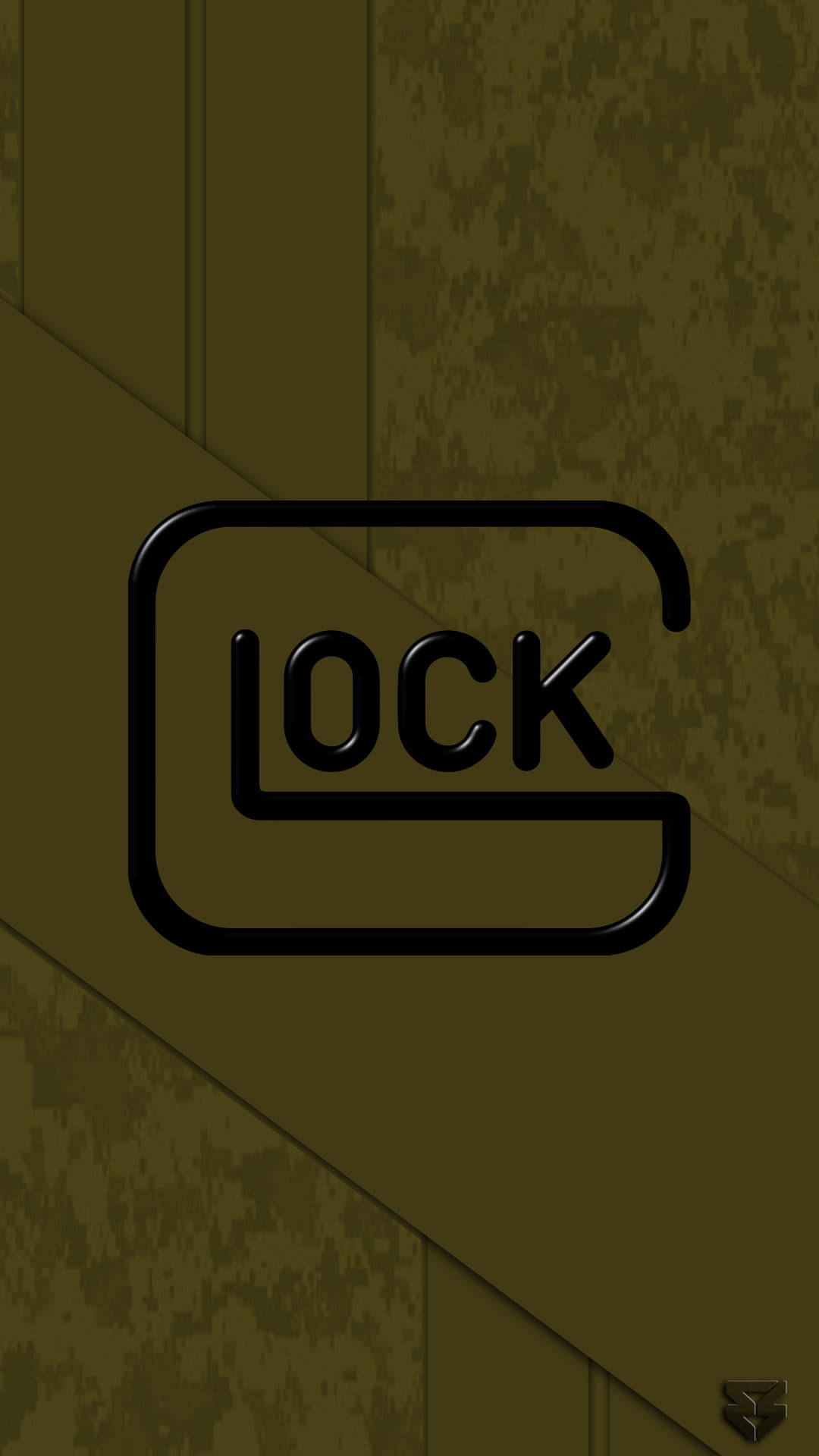 克拉克 桌布 壁紙 — 一個大膽的黑色「LOCK」標誌，中心有一個風格化的G徽章，位於紋理橄欖綠金屬表面上。
