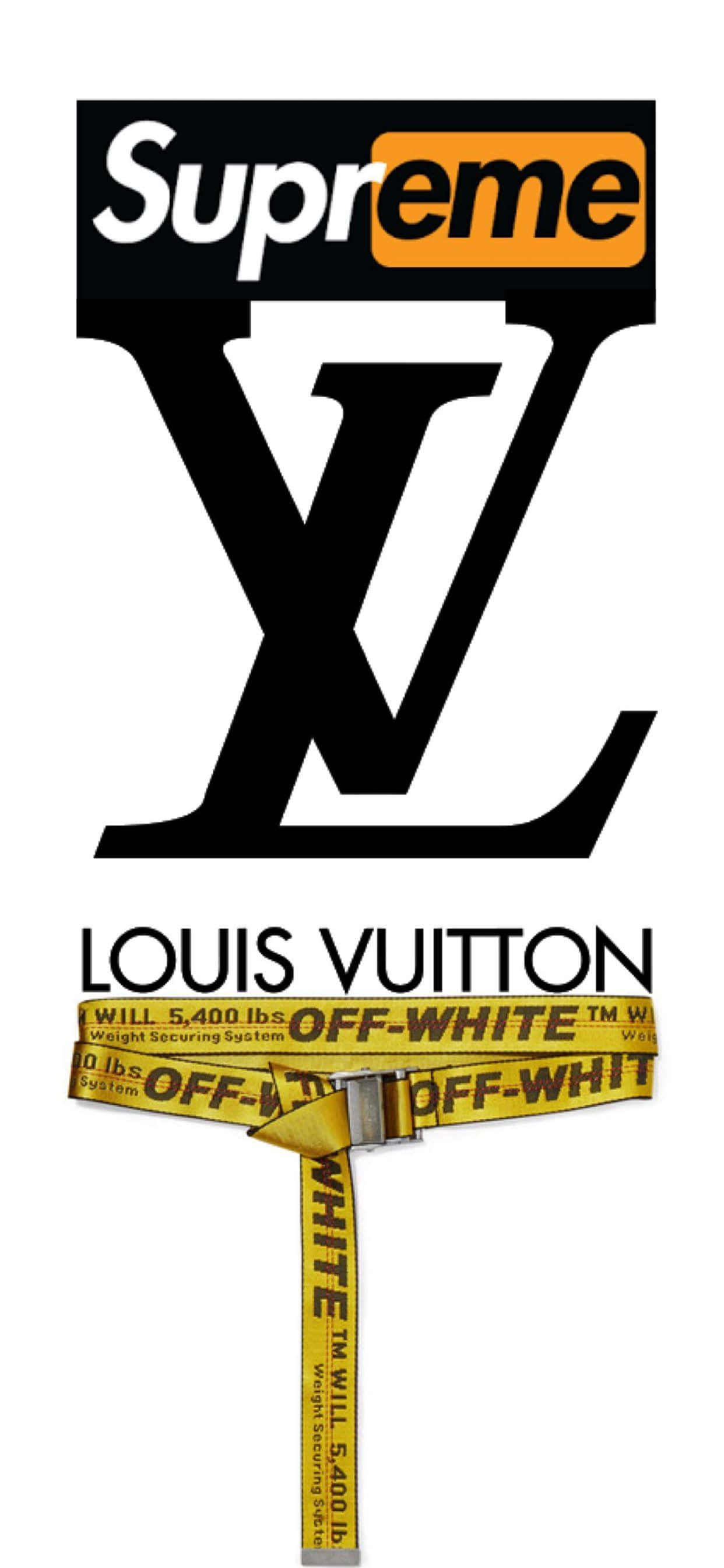 Off White iPhone 桌布 壁紙 — 一個大膽的黑色 Louis Vuitton 標誌與黃色 Off-White 皮帶融合，皮帶上帶有重複的重量固定文字。