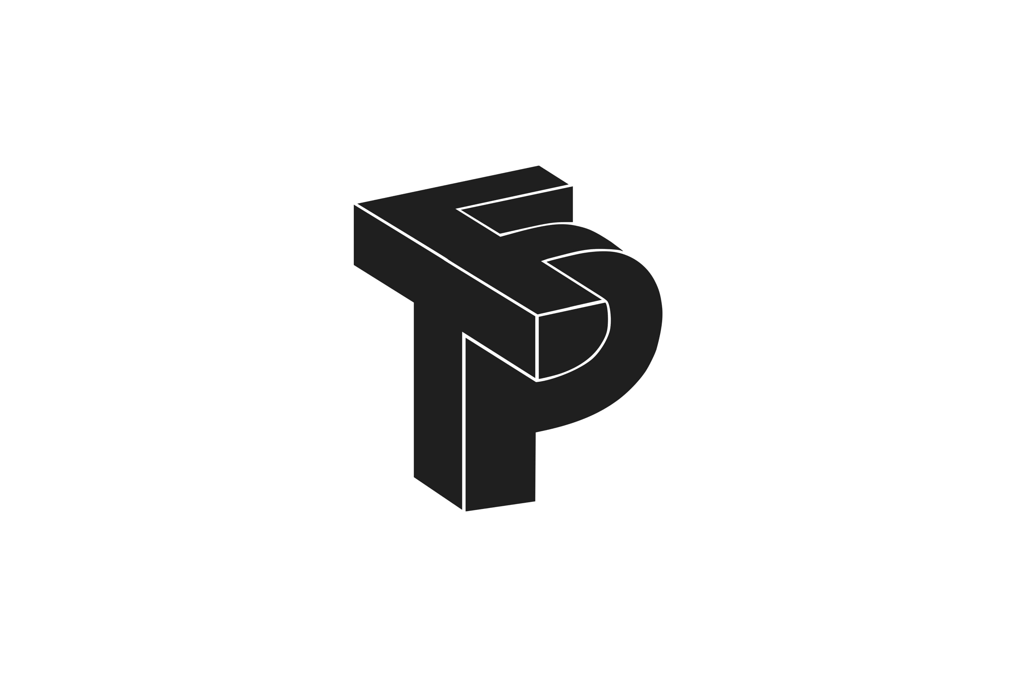 Ftp 桌布 壁紙 — 一個大膽的黑色3D字母P，帶有清晰的白色輪廓，居中放置在純白色背景上。