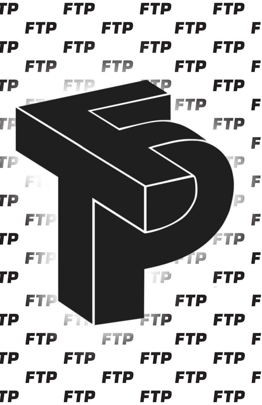 Ftp 桌布 壁紙 — 一個大膽的黑色3D字母P，帶有白色輪廓，在重複的灰色FTP浮水印背景上脫穎而出。