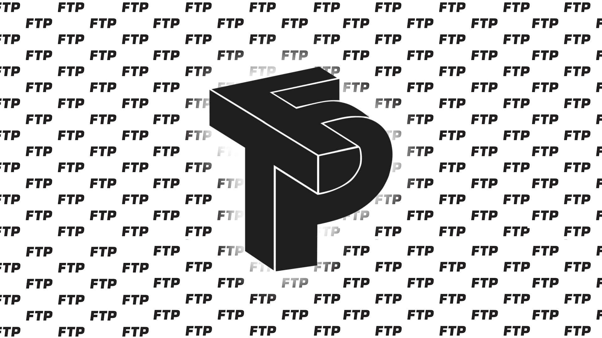 Ftp 桌布 壁紙 — 一個大膽的黑色3D字母P在重複的灰色FTP浮水印背景上突出顯示。