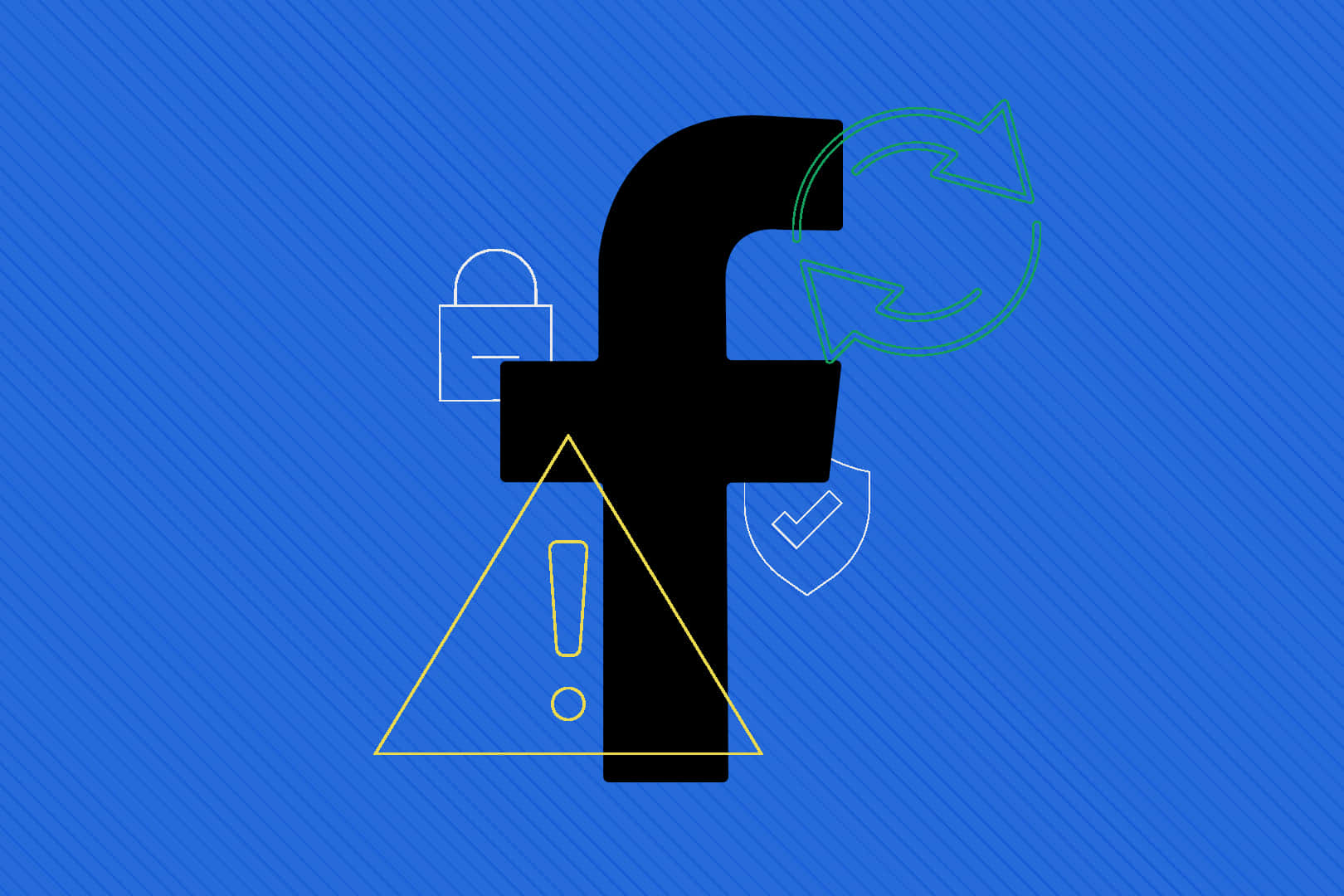 Facebook 桌布 壁紙 — 一個大膽的黑色Facebook標誌，位於藍色斜紋背景上，帶有安全圖標。
