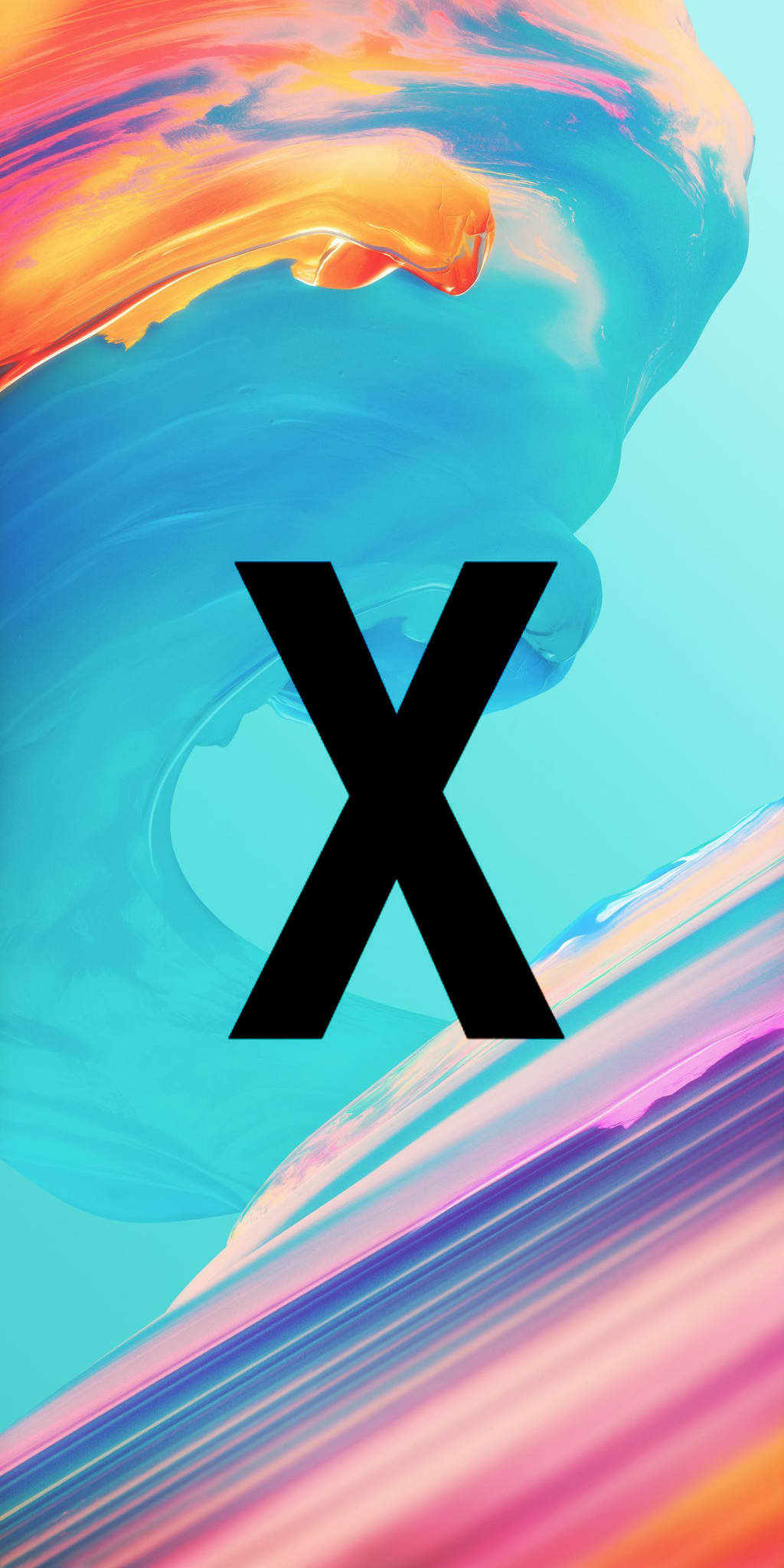 X 桌布 壁紙 — 一個大膽的黑色X疊加在充滿活力的抽象漩渦上，由青綠色、橙色和粉紅色的數位顏料條紋組成。