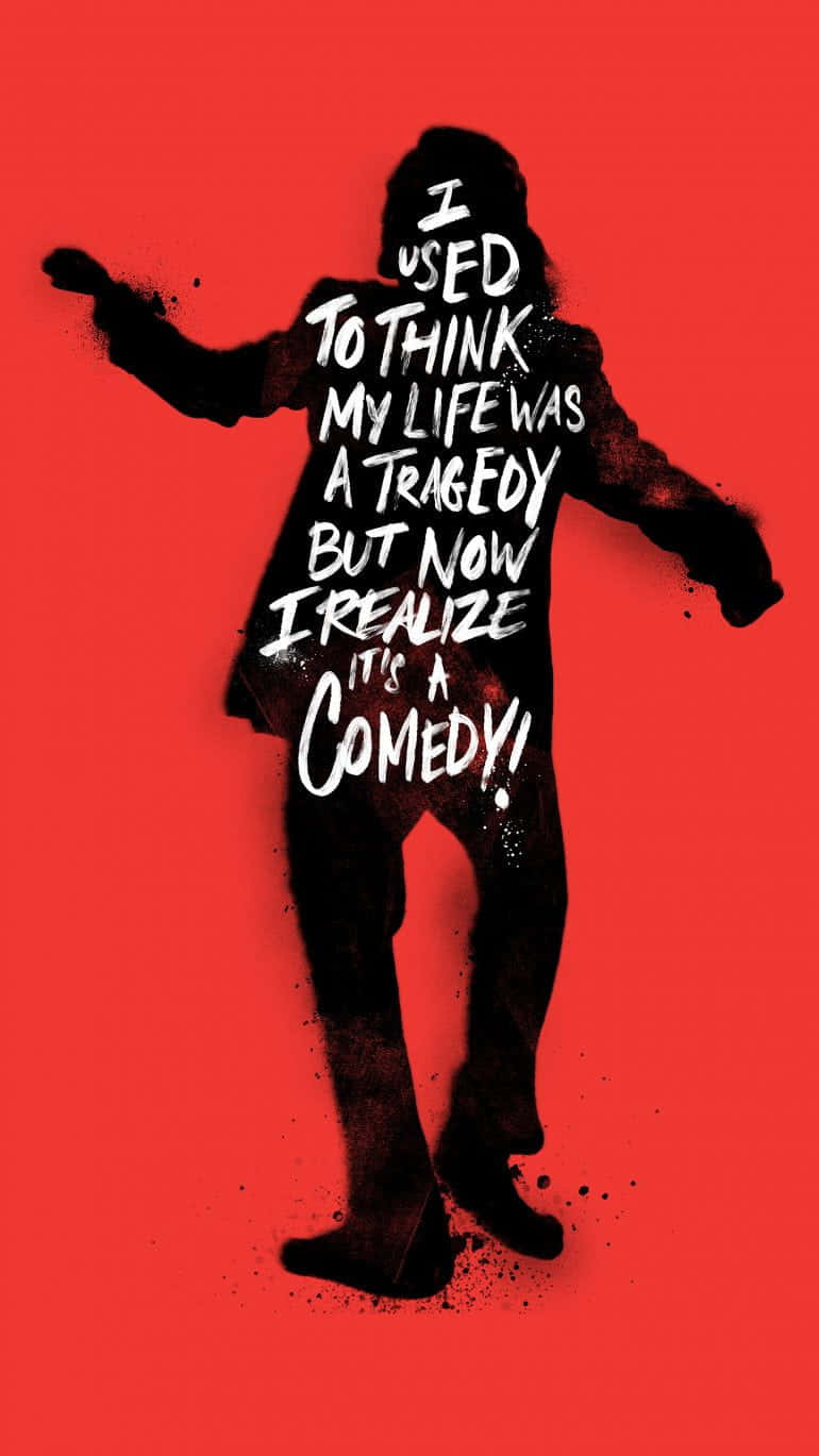 Joker Quotes 桌布 壁紙 — 一個大膽的黑色人物剪影，背景是鮮豔的紅色，白色文字寫著「我曾經以為我的人生是一場悲劇，但現在我意識到它是一場喜劇」