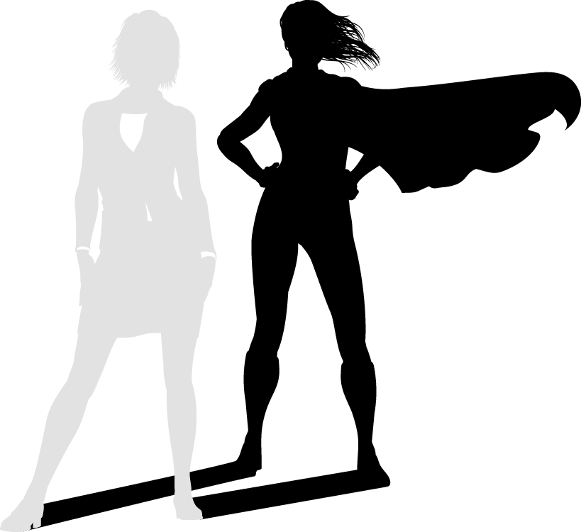 International Womens Day 桌布 壁紙 — 一個大膽的黑色剪影，一位超級女英雄披著飄逸的斗篷，自信地站在一個褪色的女商人剪影旁邊。