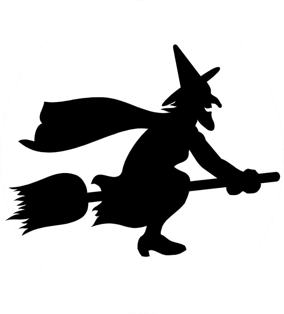 Witches Broom 桌布 壁紙 — 一個大膽的黑色剪影，一個女巫騎著掃帚飛行，披風飄逸，背景是純白色。