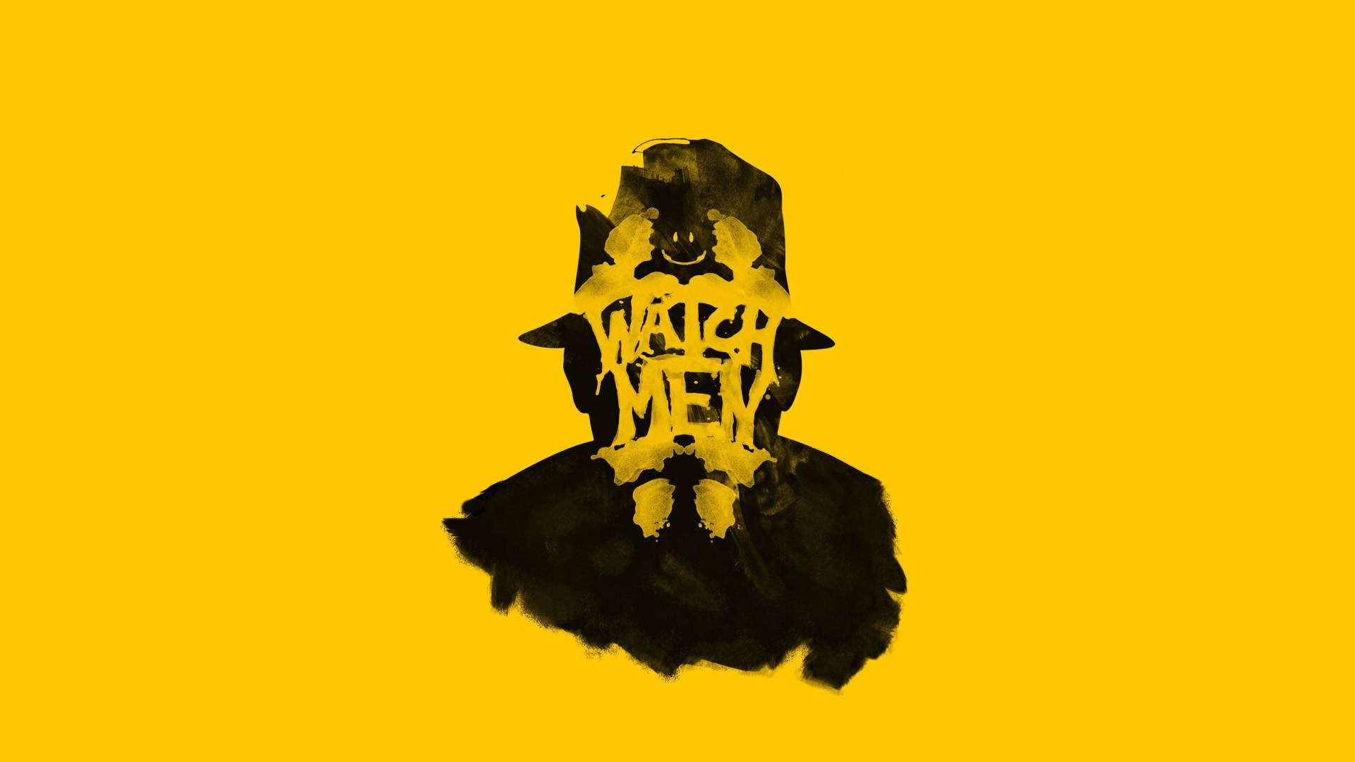Watchmen 桌布 壁紙 — 一個大膽的黑色剪影，一個戴著紳士帽的男人，臉上橫跨著「WATCH MEN」文字，背景是鮮豔的黃色。