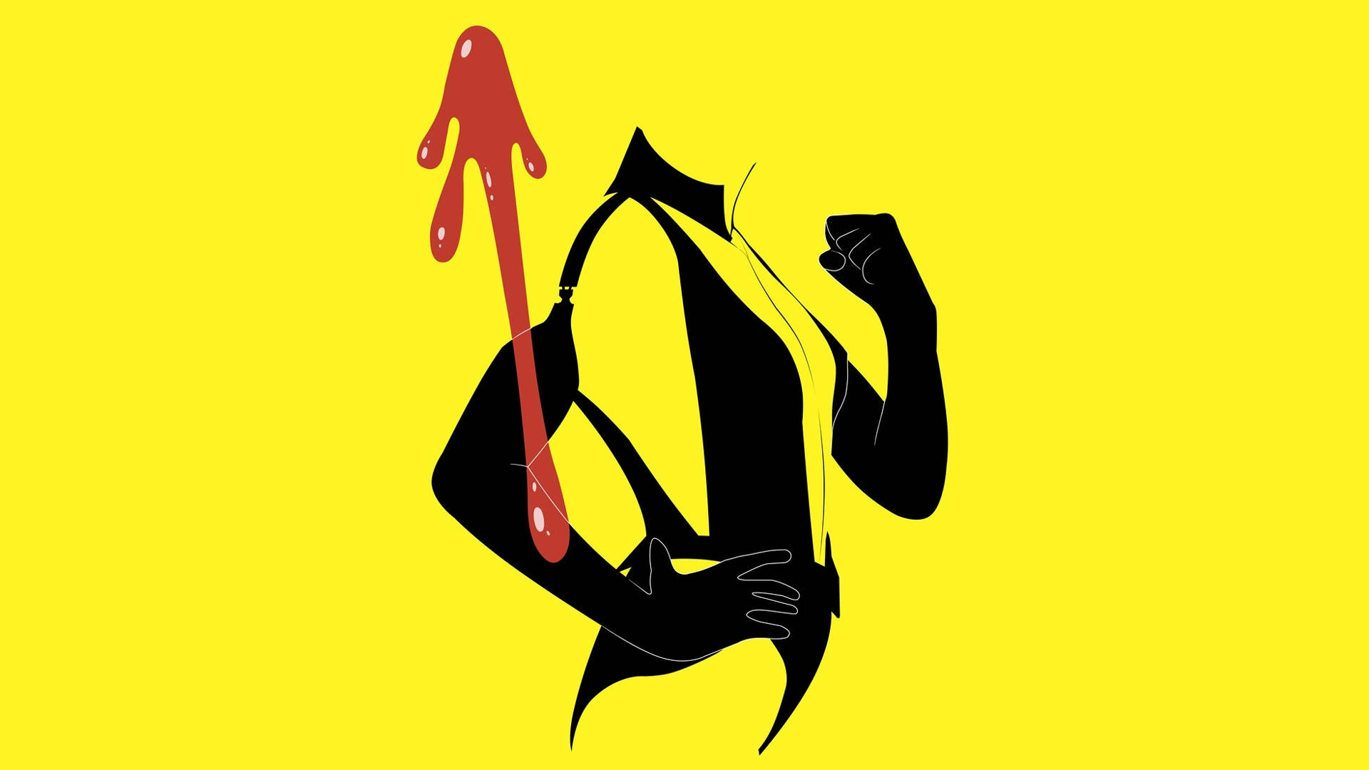 Watchmen 桌布 壁紙 — 一個大膽的黑色剪影，一個肌肉發達的人物在充滿活力的黃色背景上彎曲，並帶有滴落的紅色箭頭。