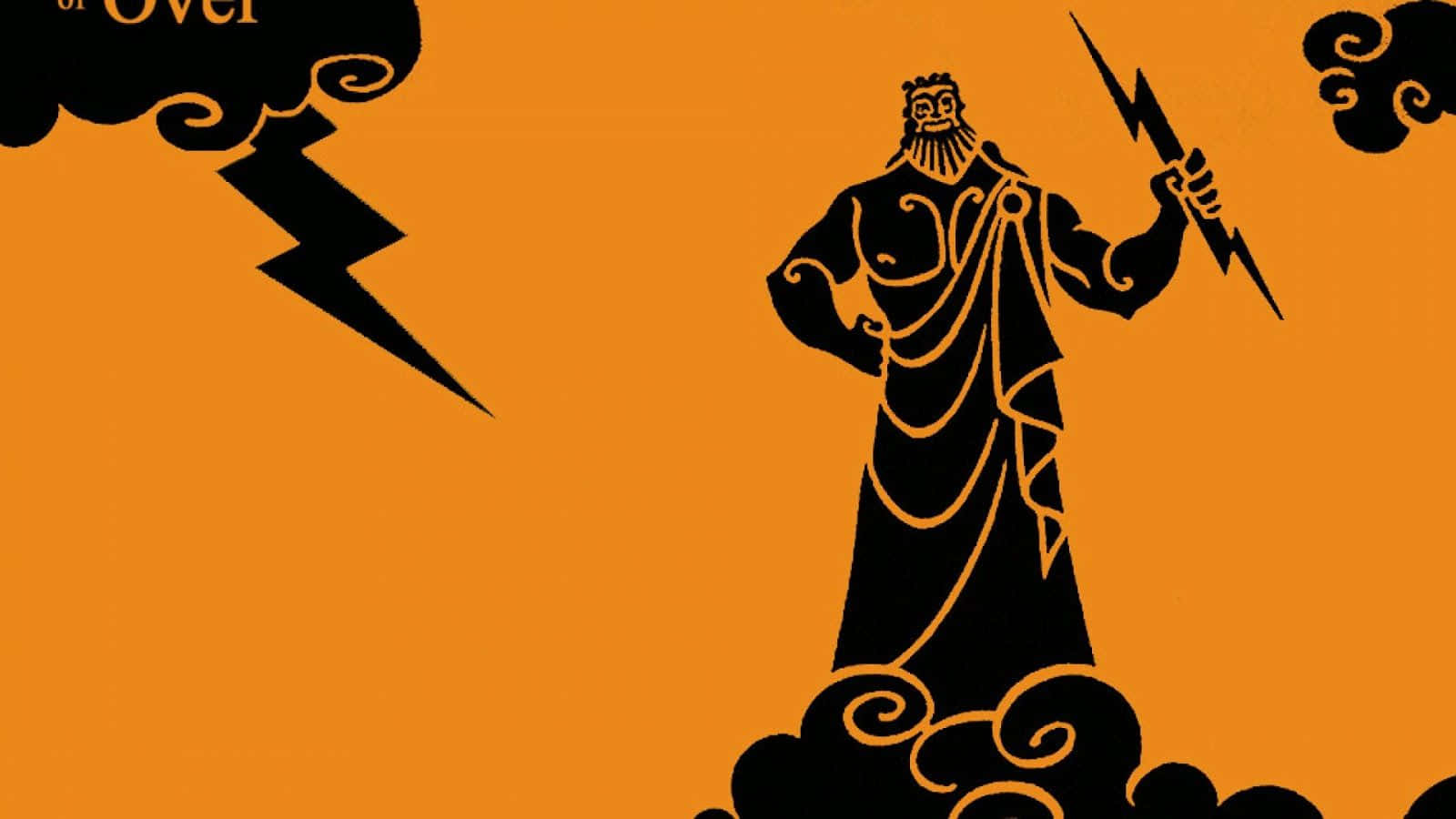 zeus 桌布 壁紙 — 一個大膽的黑色剪影，宙斯手持閃電，站在旋轉的雲層上，背景是充滿活力的橙色。