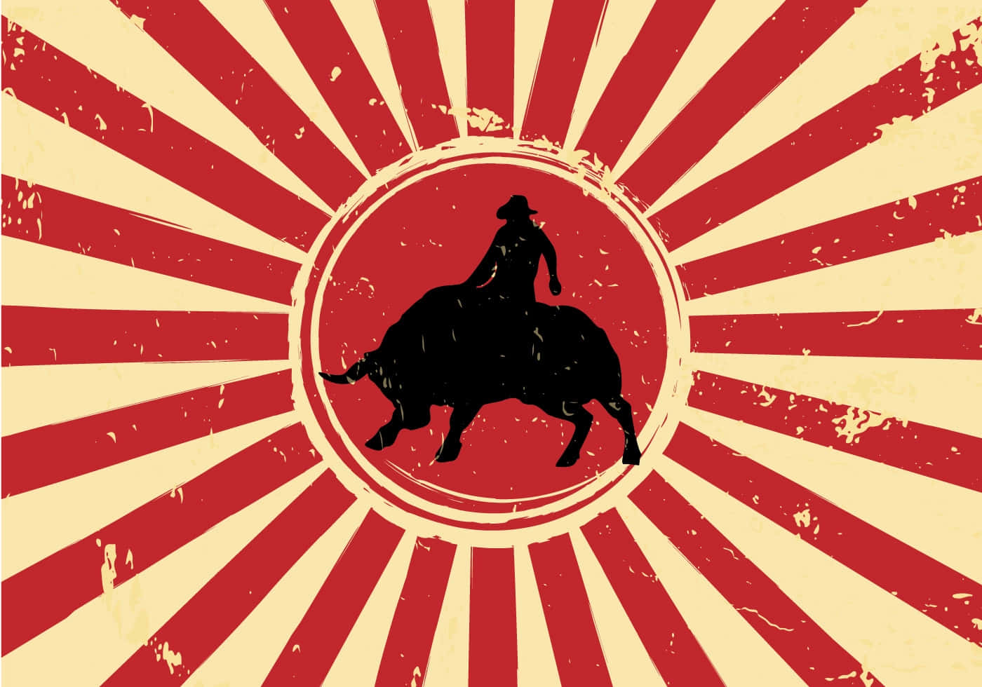 Bull Rider 桌布 壁紙 — 一個大膽的黑色剪影，描繪一位鬥牛士騎在衝鋒的公牛上，位於紅色圓圈中央，背景是紅色和奶油色的太陽光線圖案。