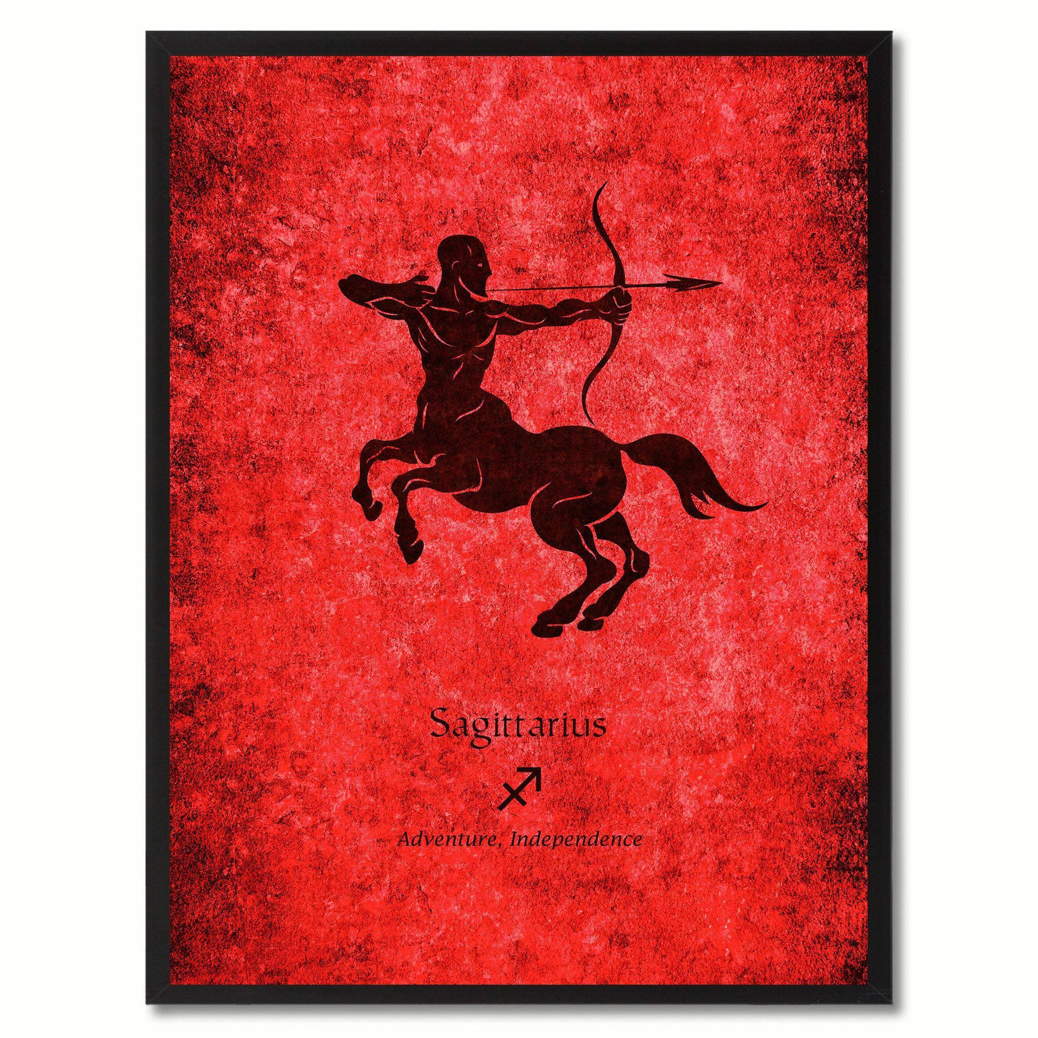 sagittarius 桌布 壁紙 — 一個大膽的黑色剪影，描繪人馬座（射手）騎在馬上，背景是帶紋理的火焰紅色。