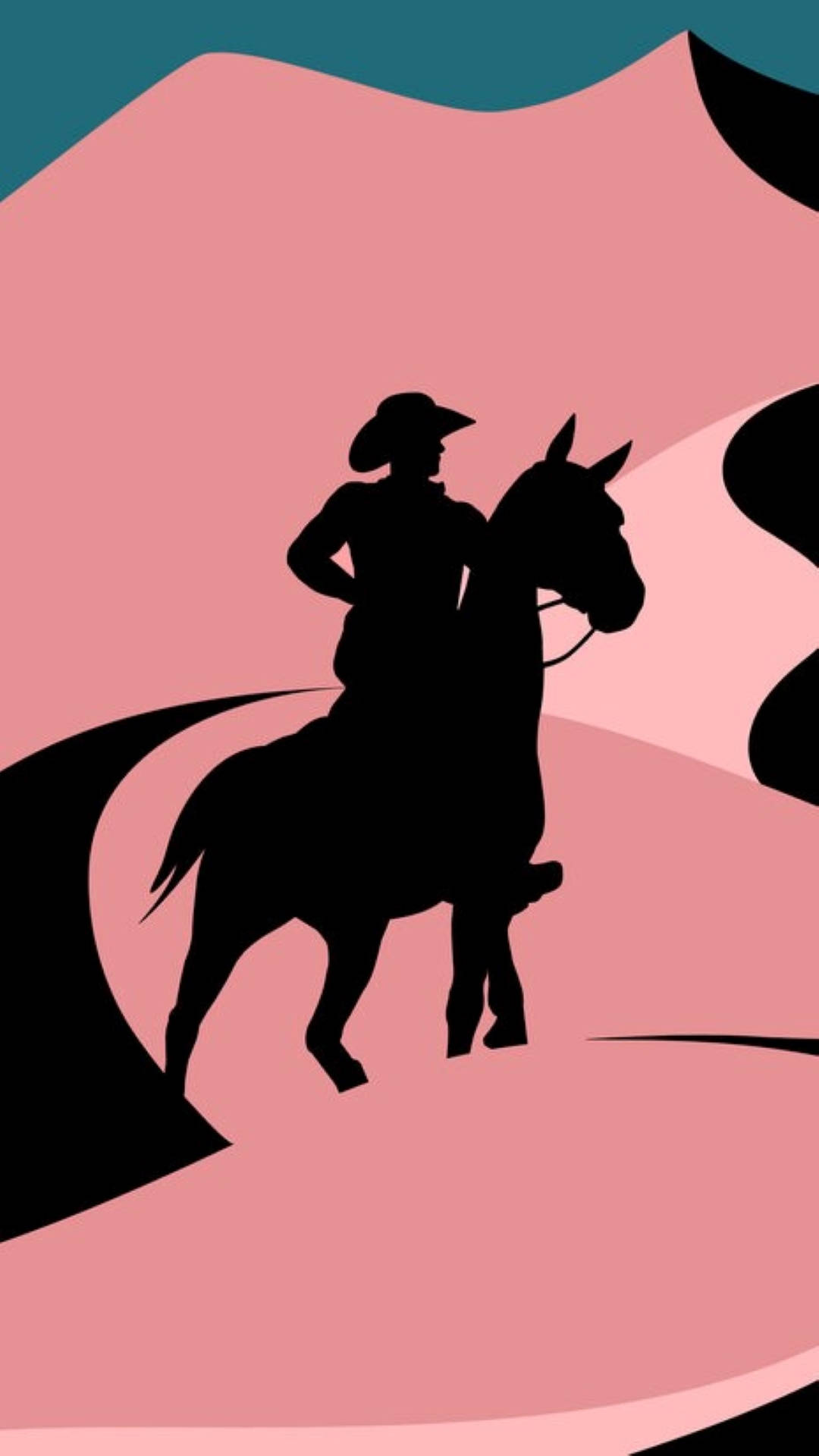 Cowboy 桌布 壁紙 — 一個大膽的黑色剪影，描繪牛仔騎著馬，背景是風格化的粉紅色和藍綠色山脈。