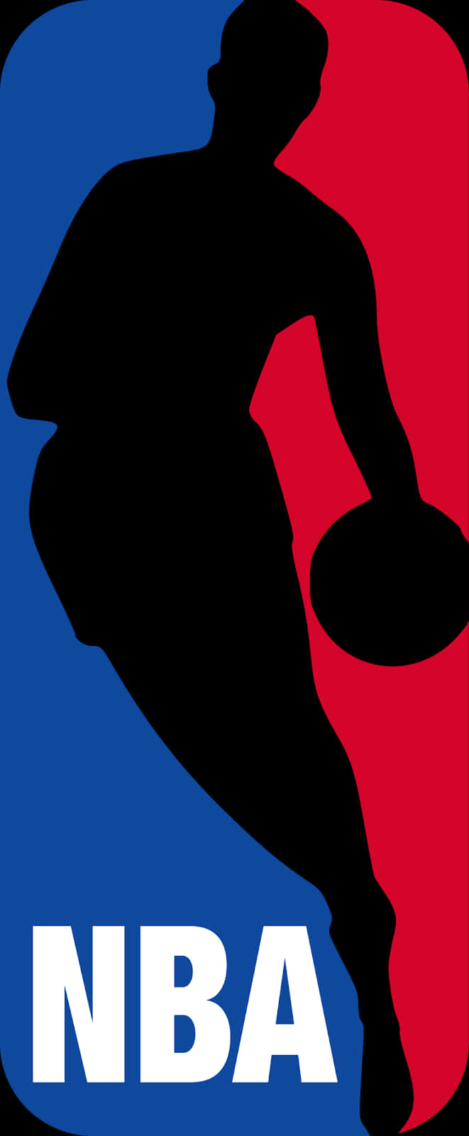 NBA標誌 桌布 壁紙 — 一個大膽的黑色剪影，描繪籃球運動員在藍紅分半的背景上運球，並帶有白色NBA文字。