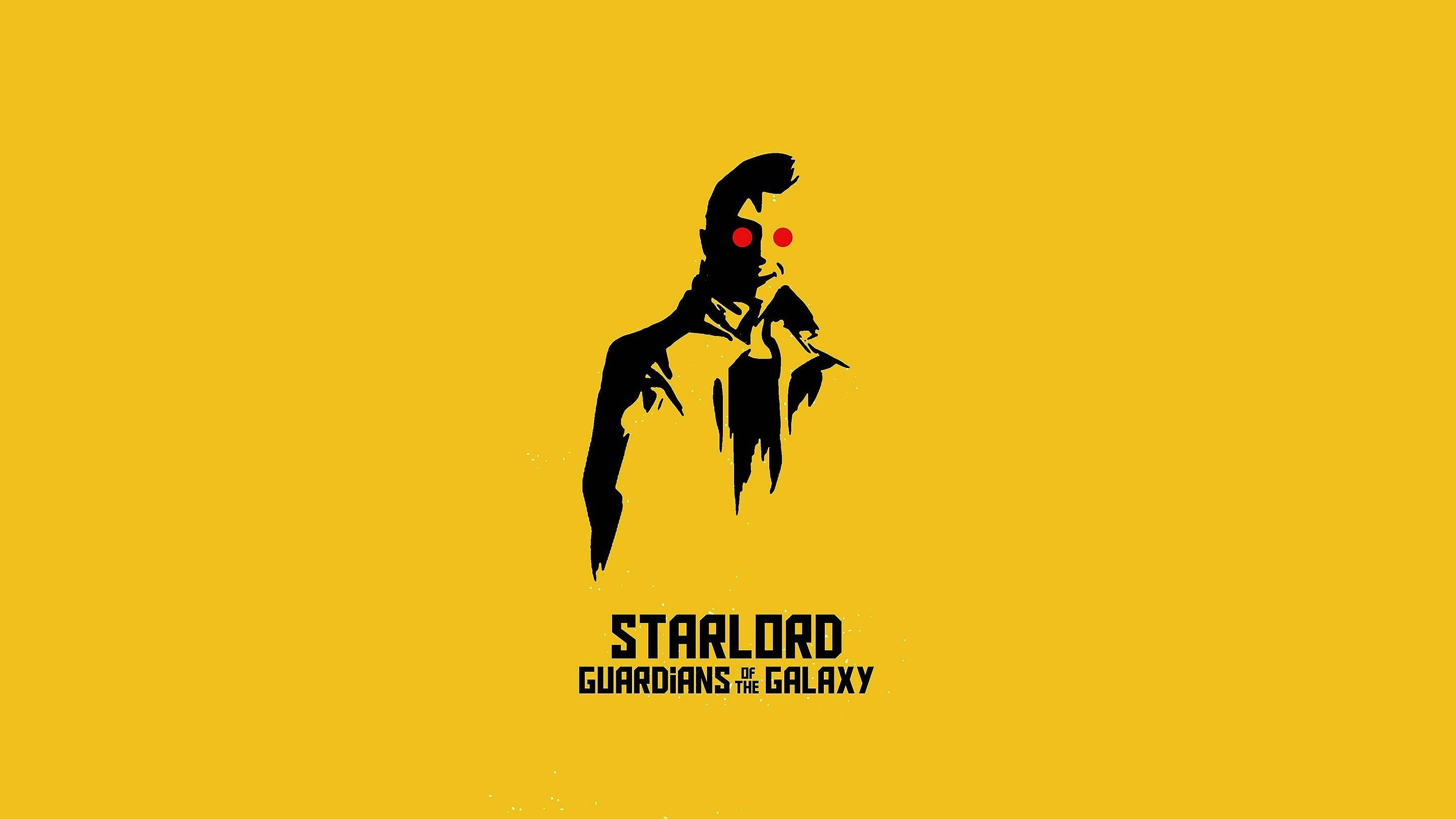 星爵 桌布 壁紙 — 一個大膽的黑色剪影，星爵（Starlord）紅眼睛，站在鮮黃色背景上，下方有他的名字和電影標題。