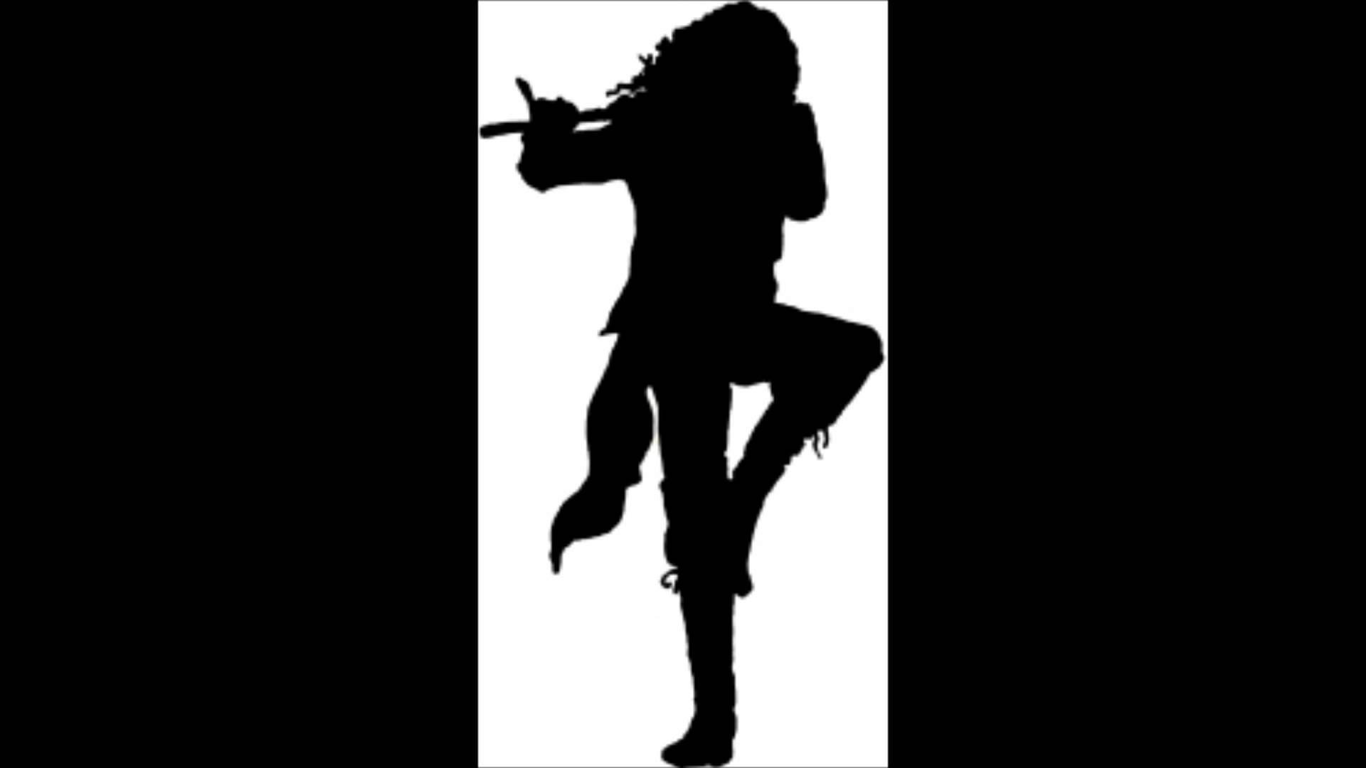 rock and roll 桌布 壁紙 — 一個大膽的黑色剪影，海盜以動態姿勢手持劍，背景為純白色。