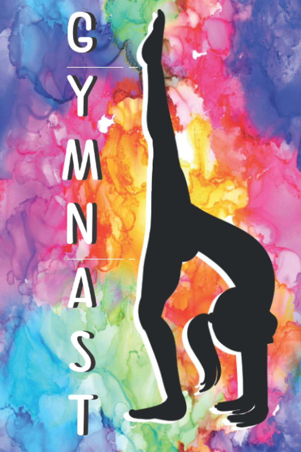 Gymnastics 桌布 壁紙 — 一個大膽的黑色剪影，體操運動員以倒立姿勢，背景是充滿活力的水彩畫，帶有旋轉的彩虹色調。