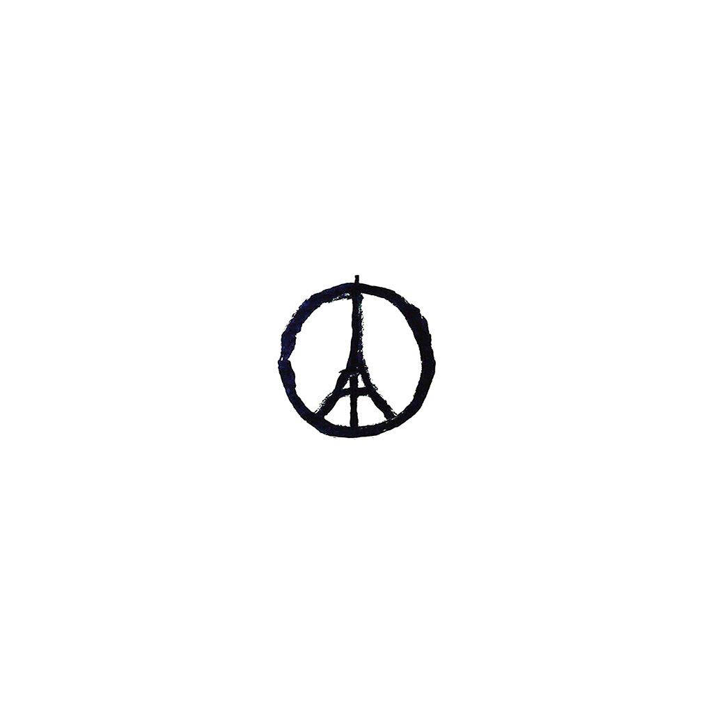 Peace Symbol 桌布 壁紙 — 一個大膽的黑色和平符號，內有艾菲爾鐵塔輪廓，置於純白背景上。