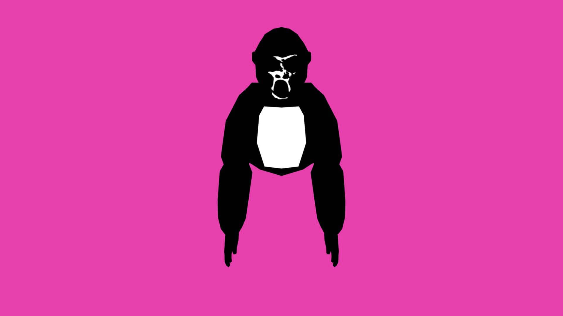 Gorilla 桌布 壁紙 — 一個大膽的黑色大猩猩剪影，白色胸部，站在充滿活力的粉紅色背景前。