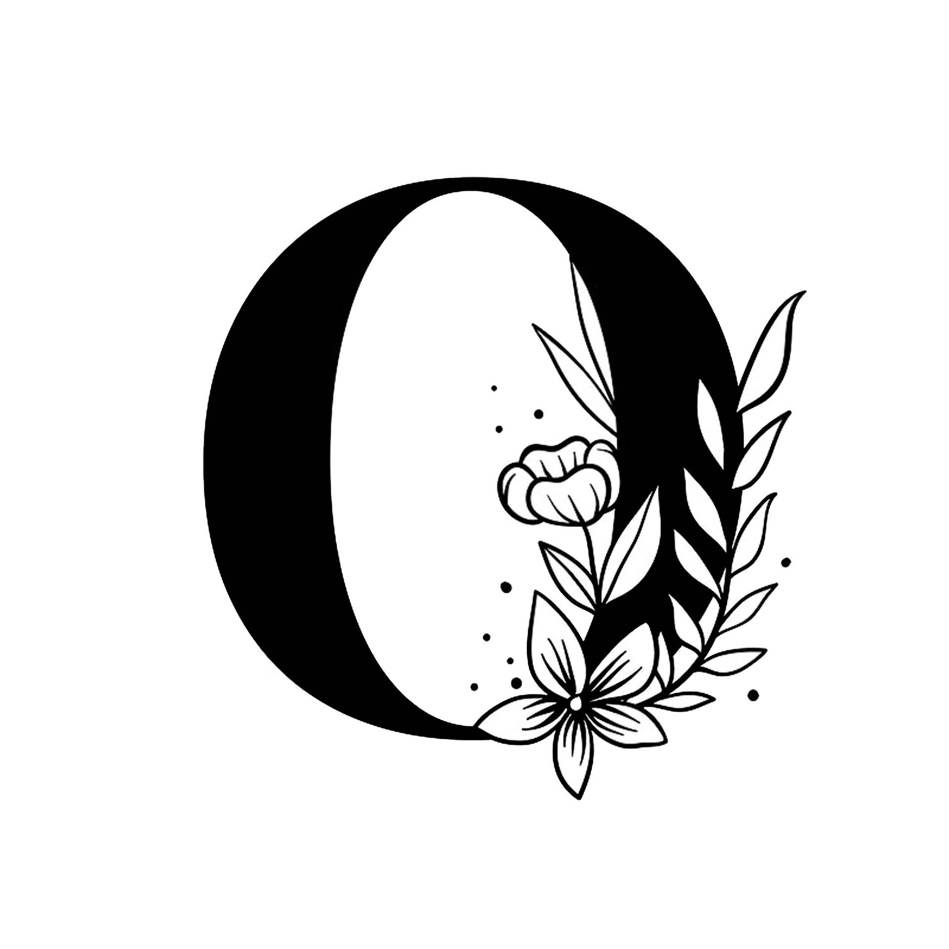 o 桌布 壁紙 — 一個大膽的黑色字母 O，飾有精緻的花卉插圖和白色背景上散落的圓點。