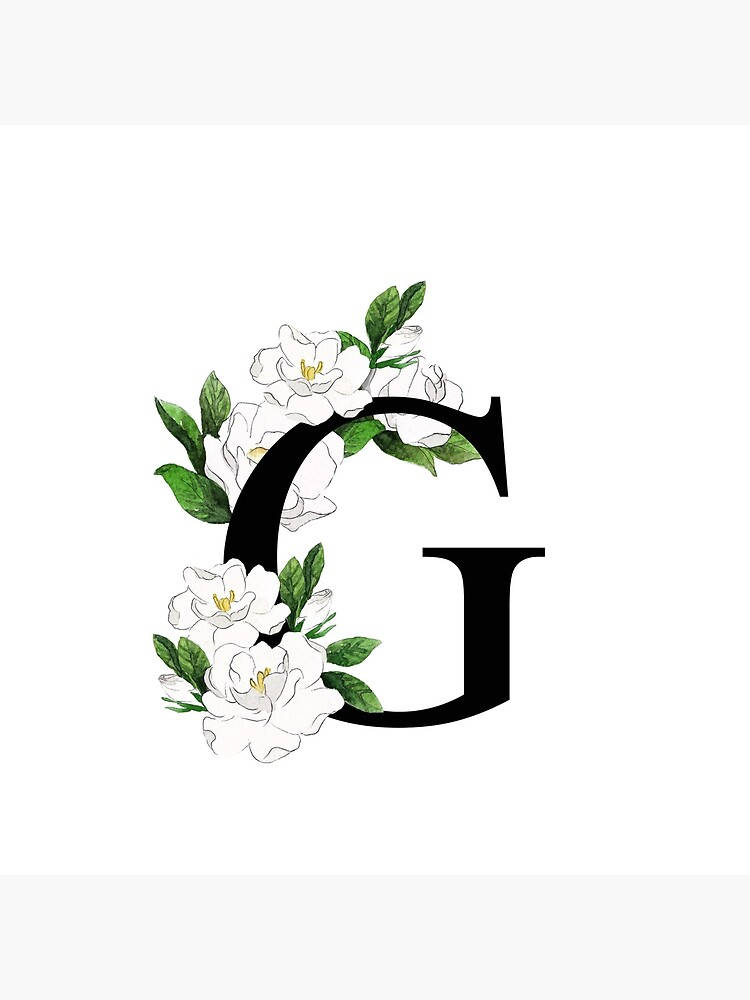 g 桌布 壁紙 — 一個大膽的黑色字母G，點綴著精緻的白色梔子花和綠葉，背景是潔淨的白色。