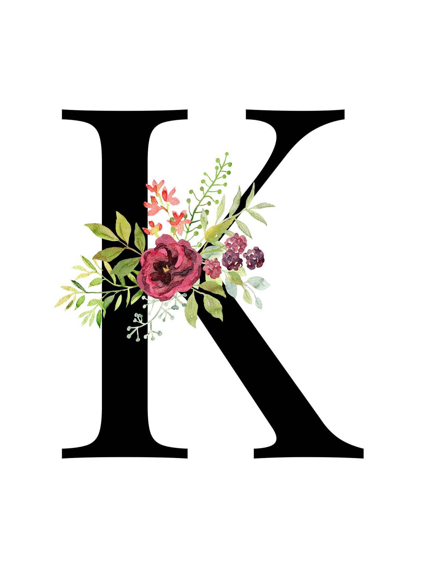 黑色字母K以紅玫瑰和綠葉水彩風格裝飾。 — 字母K動圖 壁紙
