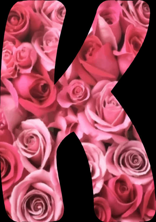 Pink Roses 桌布 壁紙 — 一個大膽的黑色字母K鏤空，在深色背景上填充了密集的粉紅玫瑰圖案。