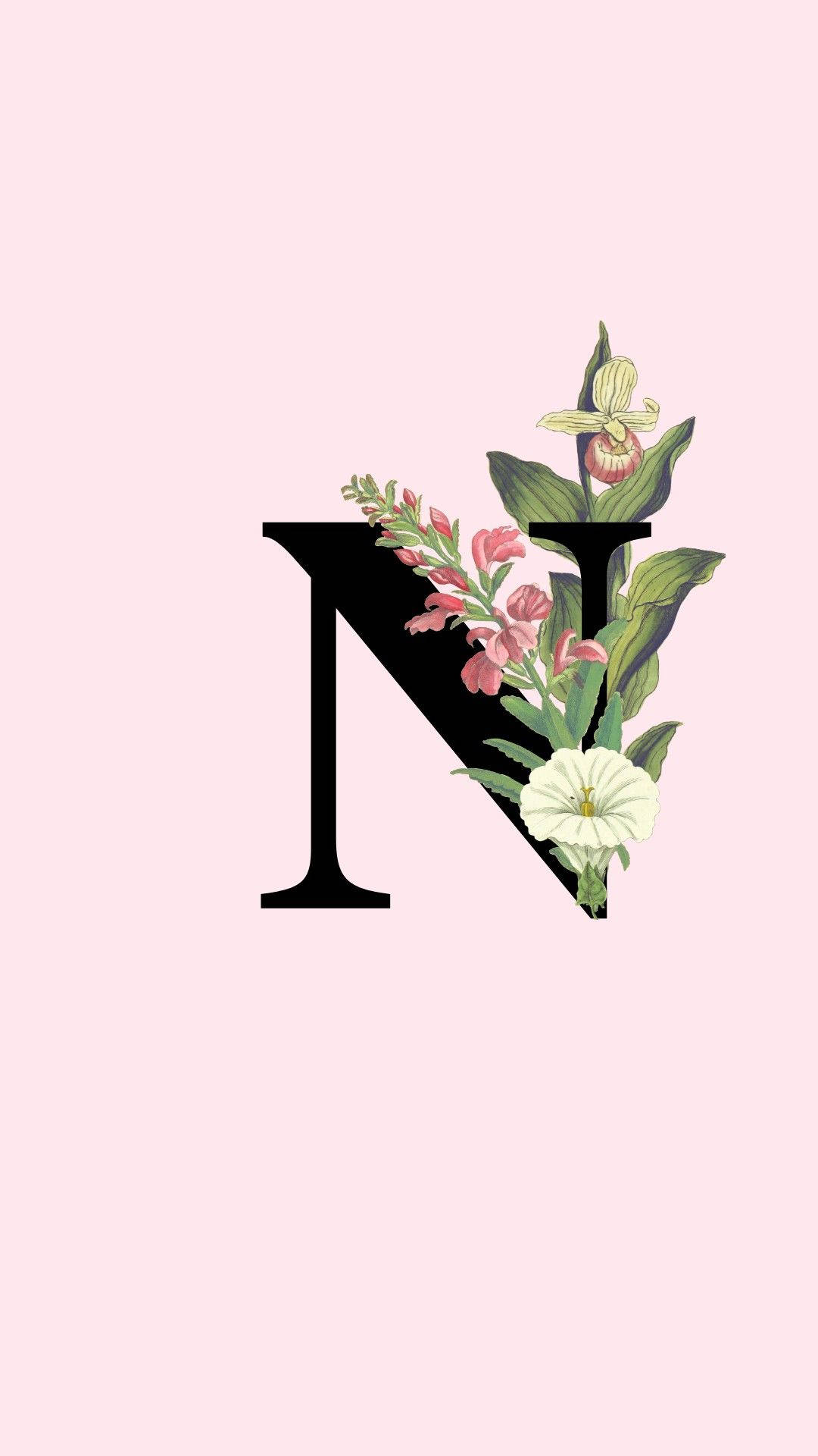 字母 N 桌布 壁紙 — 一個大膽的黑色字母N，點綴著粉紅色和白色的花朵，背景是柔和的粉紅色。