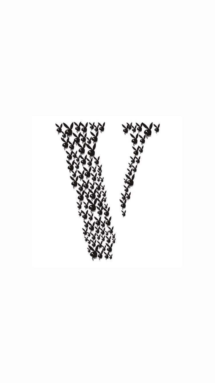 Vlone 桌布 壁紙 — 一個大膽的黑色字母V，由密集的相同兔子剪影在純白背景上形成。