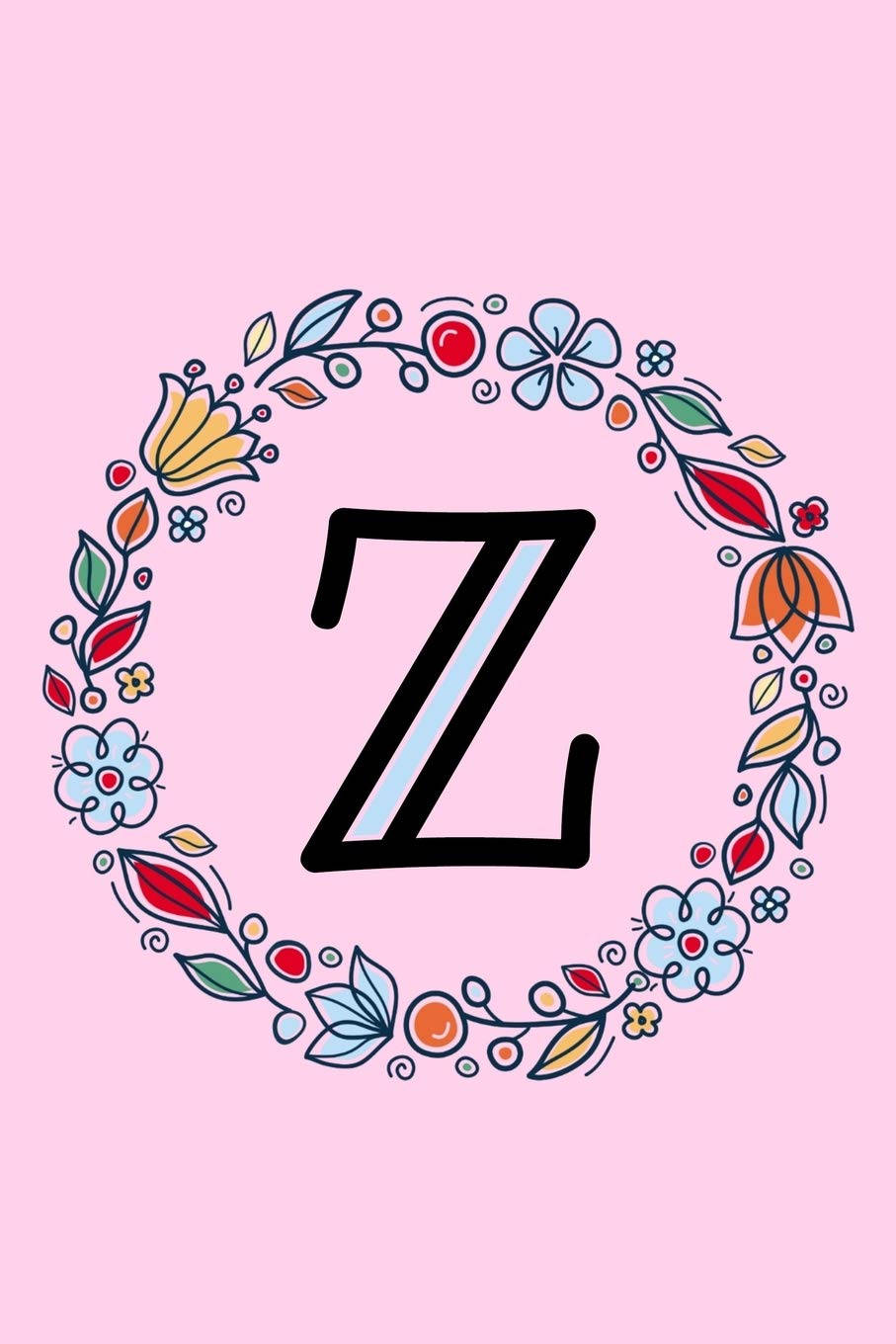 Z 桌布 壁紙 — 一個大膽的黑色字母Z，位於柔和的粉紅色背景上色彩繽紛的花環中央。