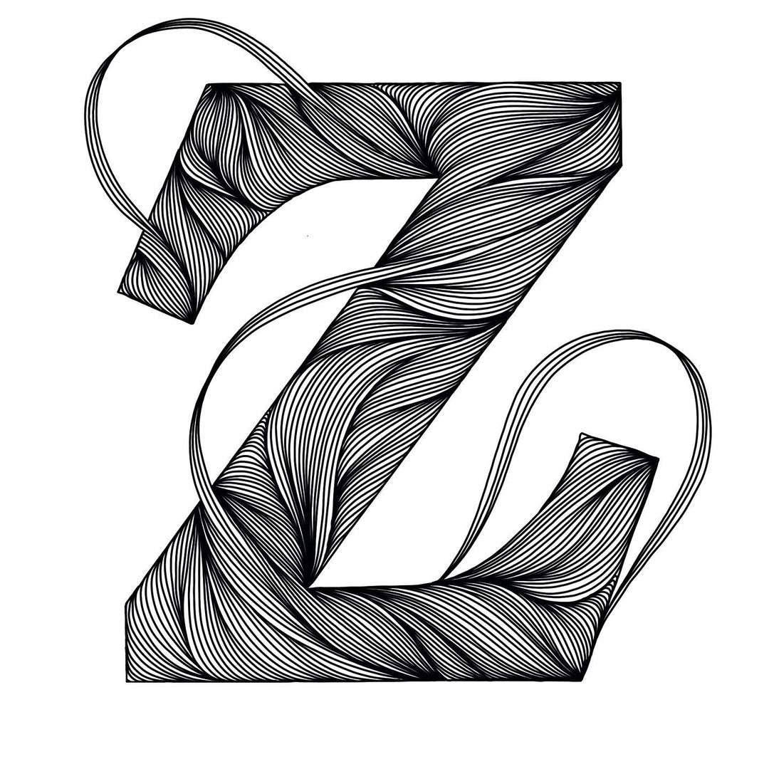 Z 桌布 壁紙 — 一個大膽的黑色字母Z，在純白背景上充滿了複雜的漩渦線條圖案。
