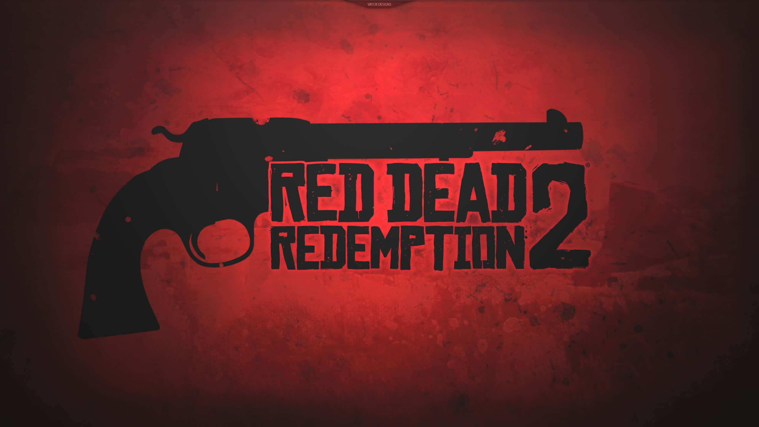 桌布 壁紙 — 一個大膽的黑色左輪手槍剪影和遊戲標題 Red Dead Redemption 2 在紋理深紅色背景上脫穎而出。