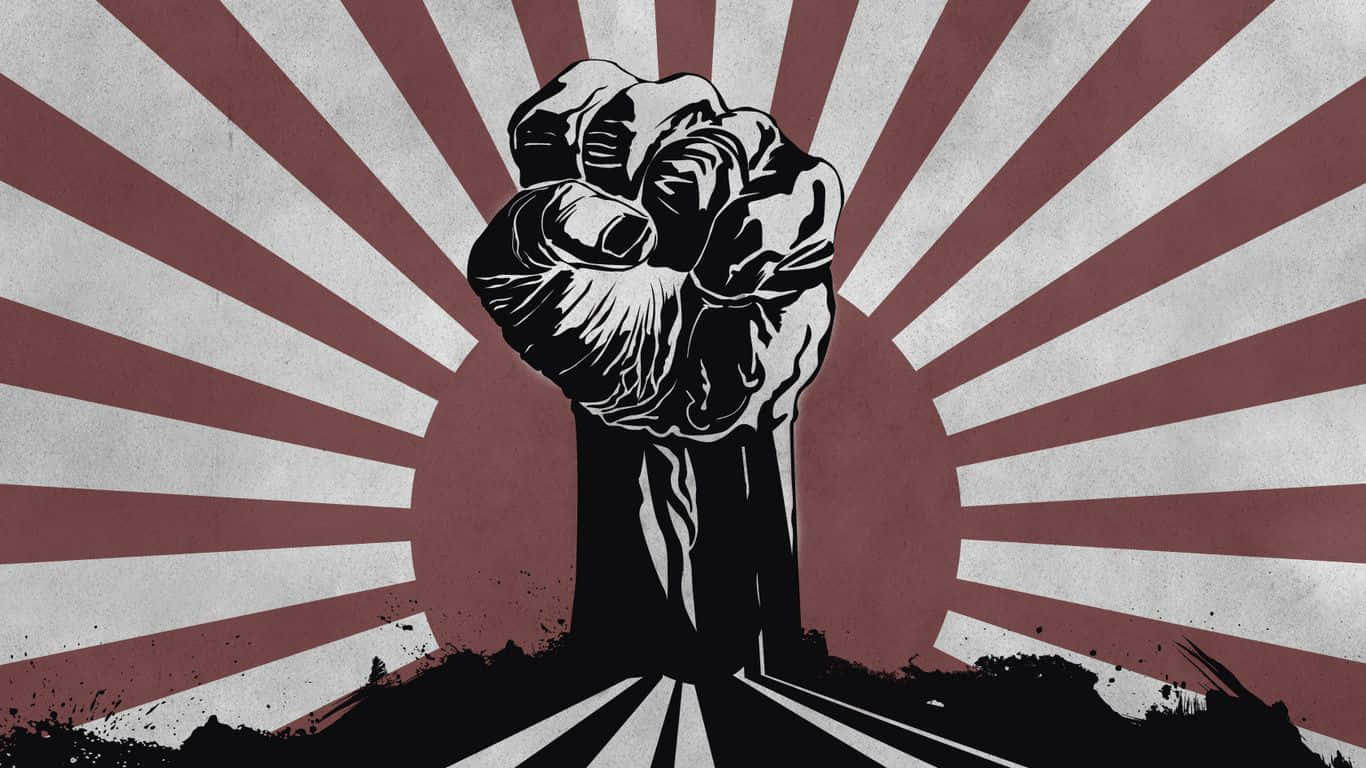 Black Power 桌布 壁紙 — 一個大膽的黑色拳頭從黑暗的底座上揚起，背景是帶有粗糙紋理的紅白太陽光芒。