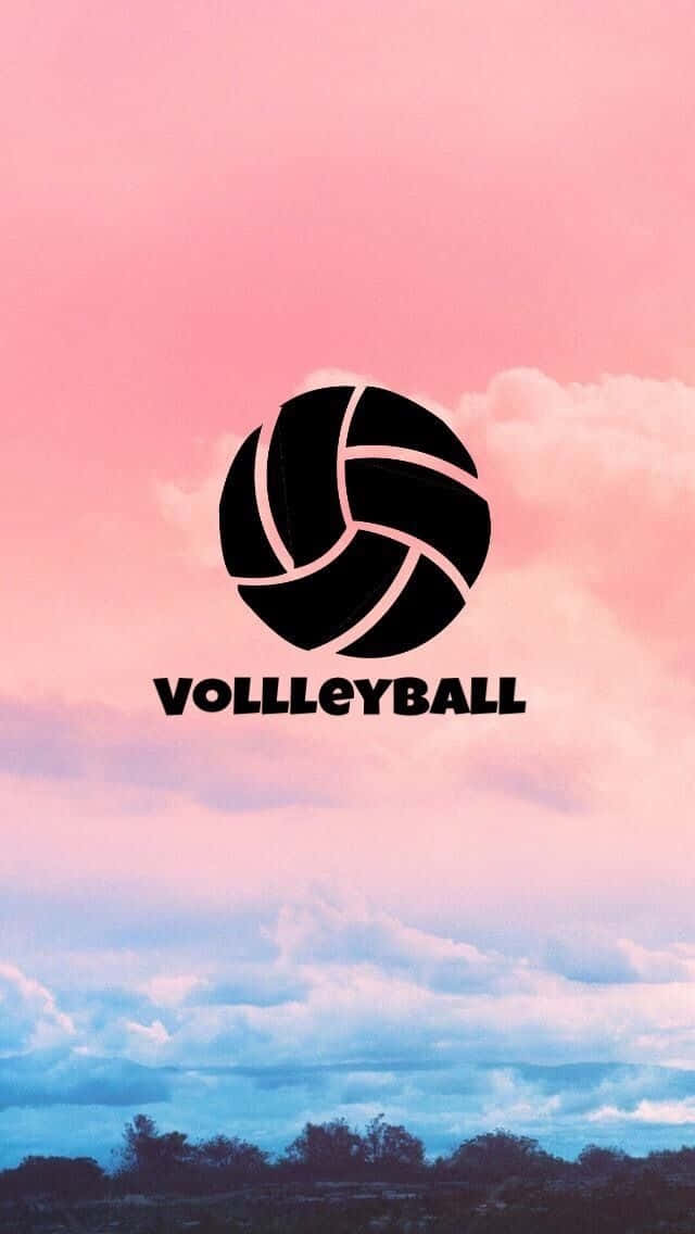 Volleyball 桌布 壁紙 — 一個大膽的黑色排球標誌和文字漂浮在夢幻的粉紅色和藍色天空上，遠處有樹木。