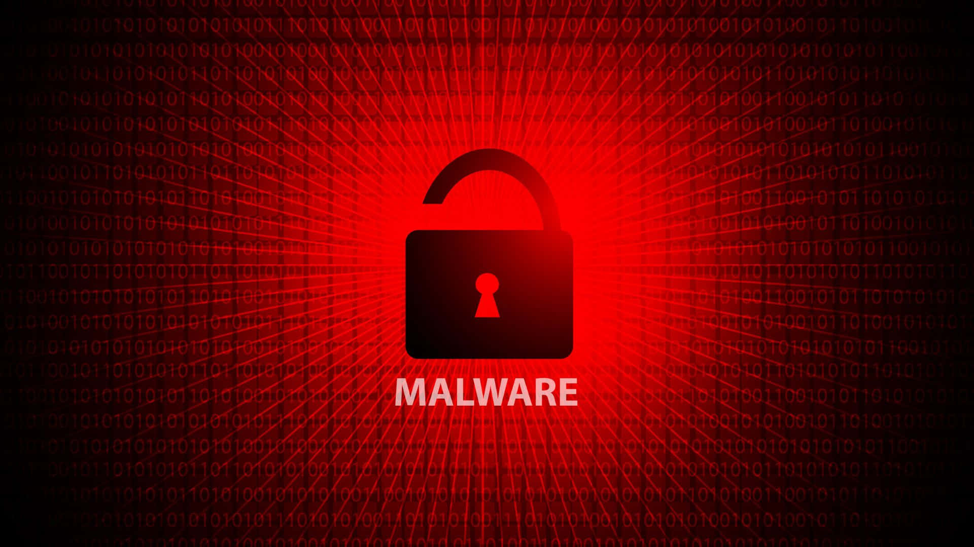 Lock 桌布 壁紙 — 一個大膽的黑色掛鎖圖示在充滿二進位代碼和放射線的鮮紅色數位背景上發光。