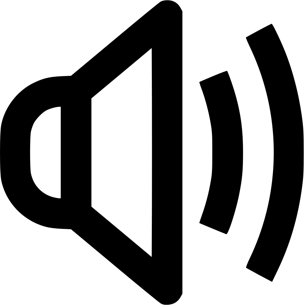 Sound Audio 桌布 壁紙 — 一個大膽的黑色揚聲器圖標在潔淨的白色背景上發出三條彎曲聲波。